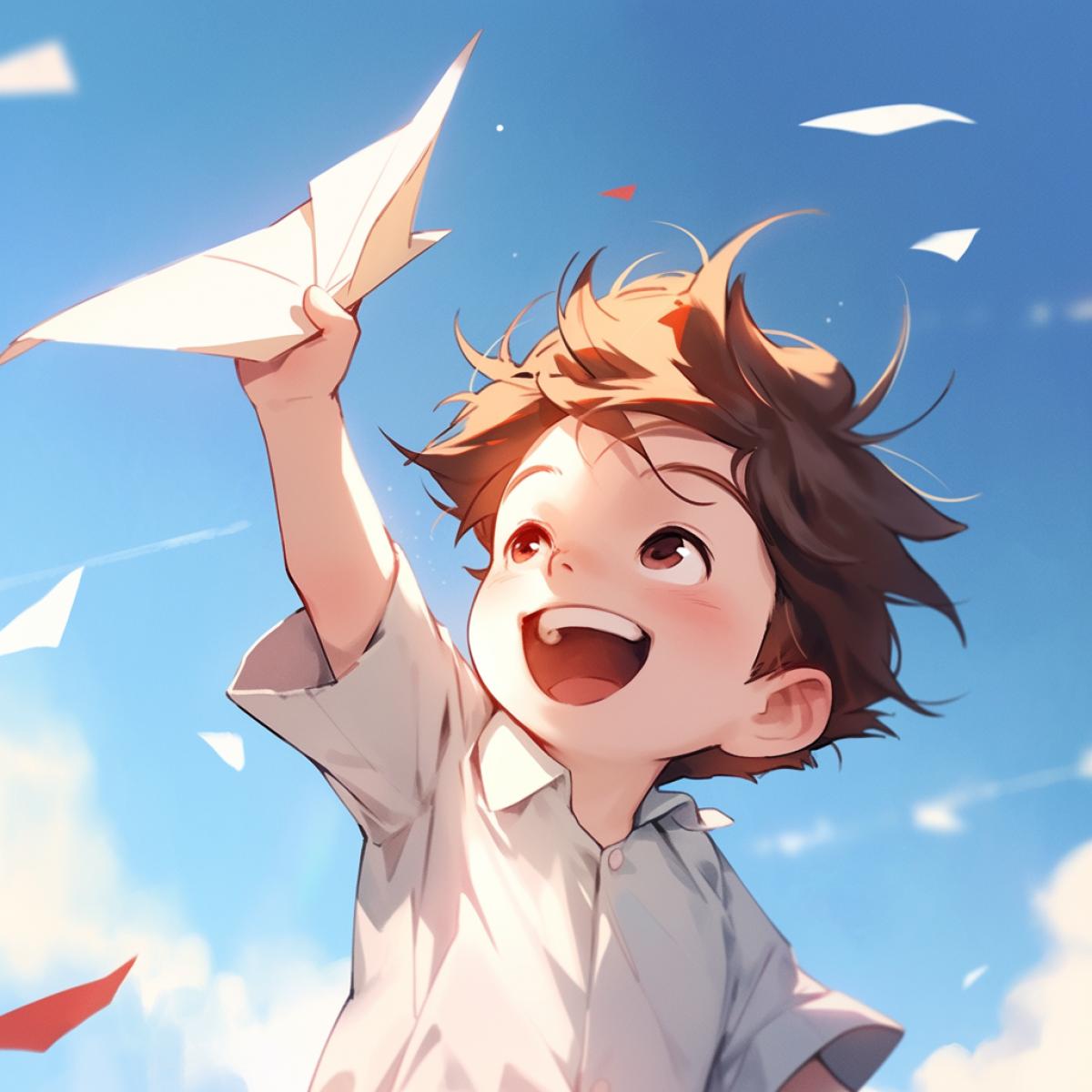 Cheerful little boy launches a small paper airplane into the blue sunny sky, anime style, joy, summer, dreams, hopes