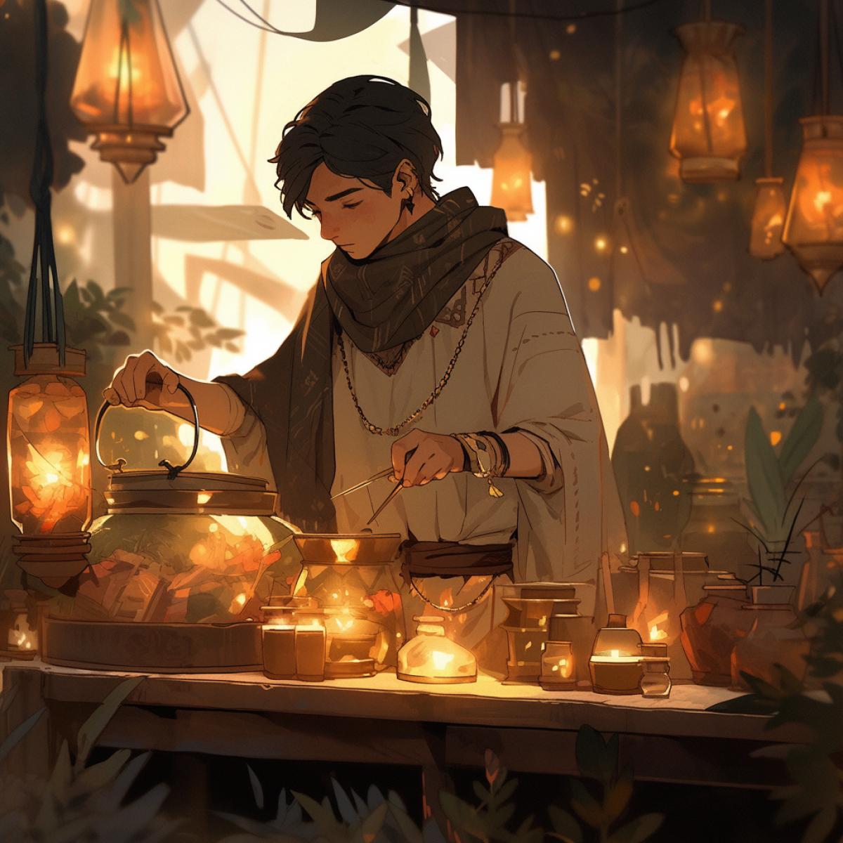 a handsome young man in a sweater and scarf, with long dark hair, is a seller of live fireflies in jars. A stall on the street in a small town in the evening has a very elegant and festive look, thanks to the lights of fireflies in jars.:: Digital painting, illustration, romanticism, fantasy, anime