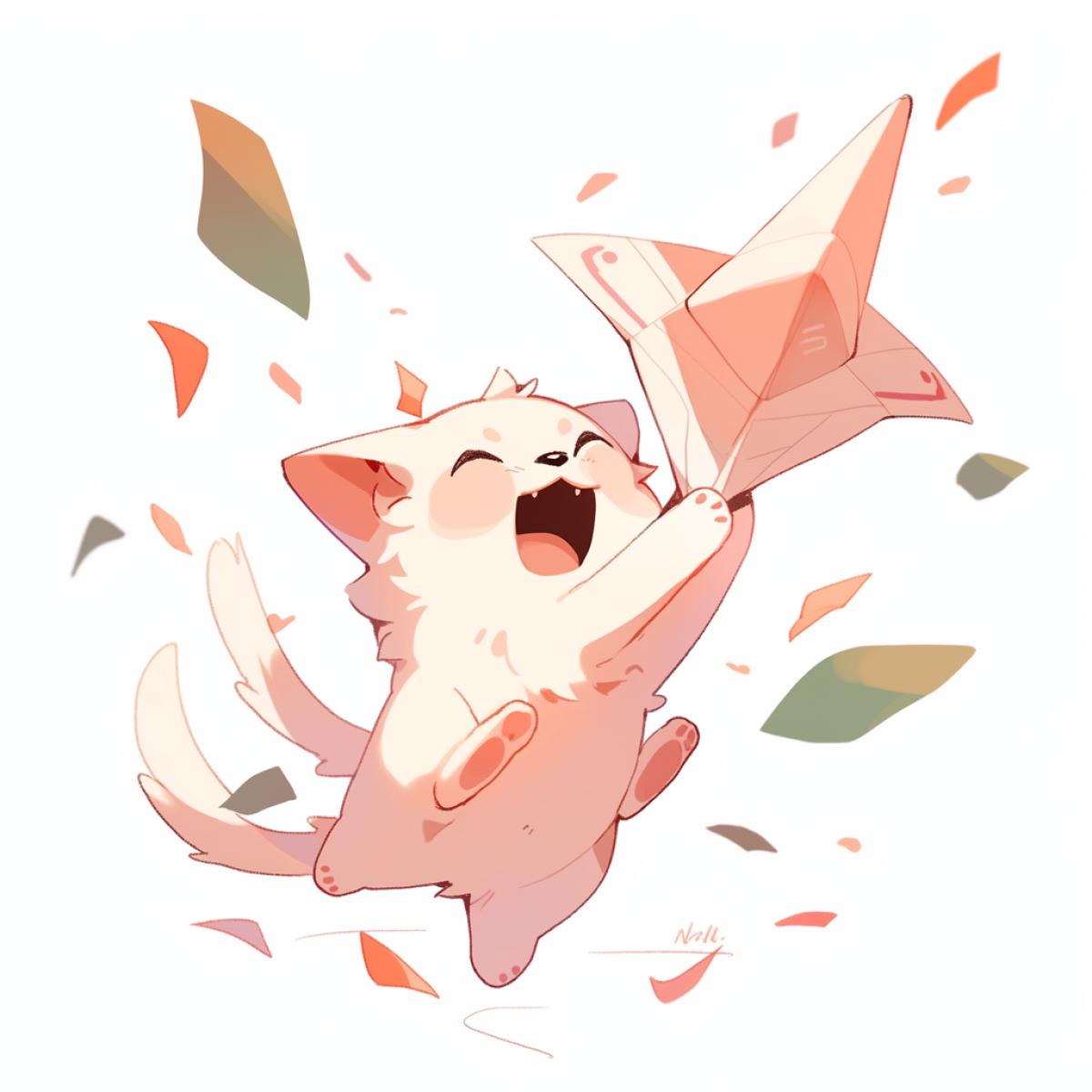Funny drawn cartoon kitten flying astride a paper airplane, anime style