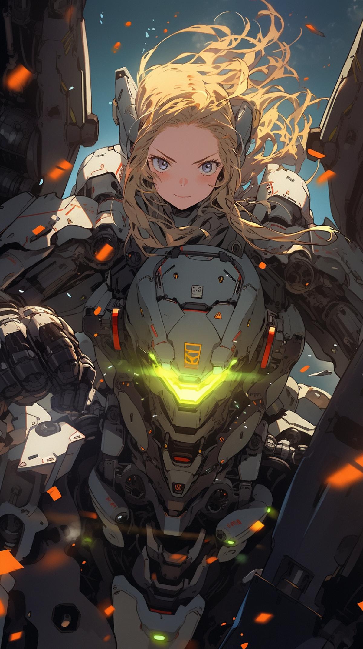 A girl inside a combat robot on the battlefield is firing, a furious look, long-range, full-length, futuristic anime style, highly detailed image.