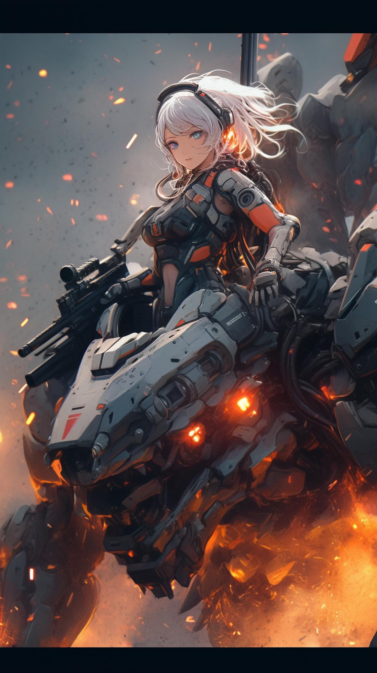 A girl inside a combat robot on the battlefield is firing, a furious look, long-range, full-length, futuristic anime style, highly detailed image.