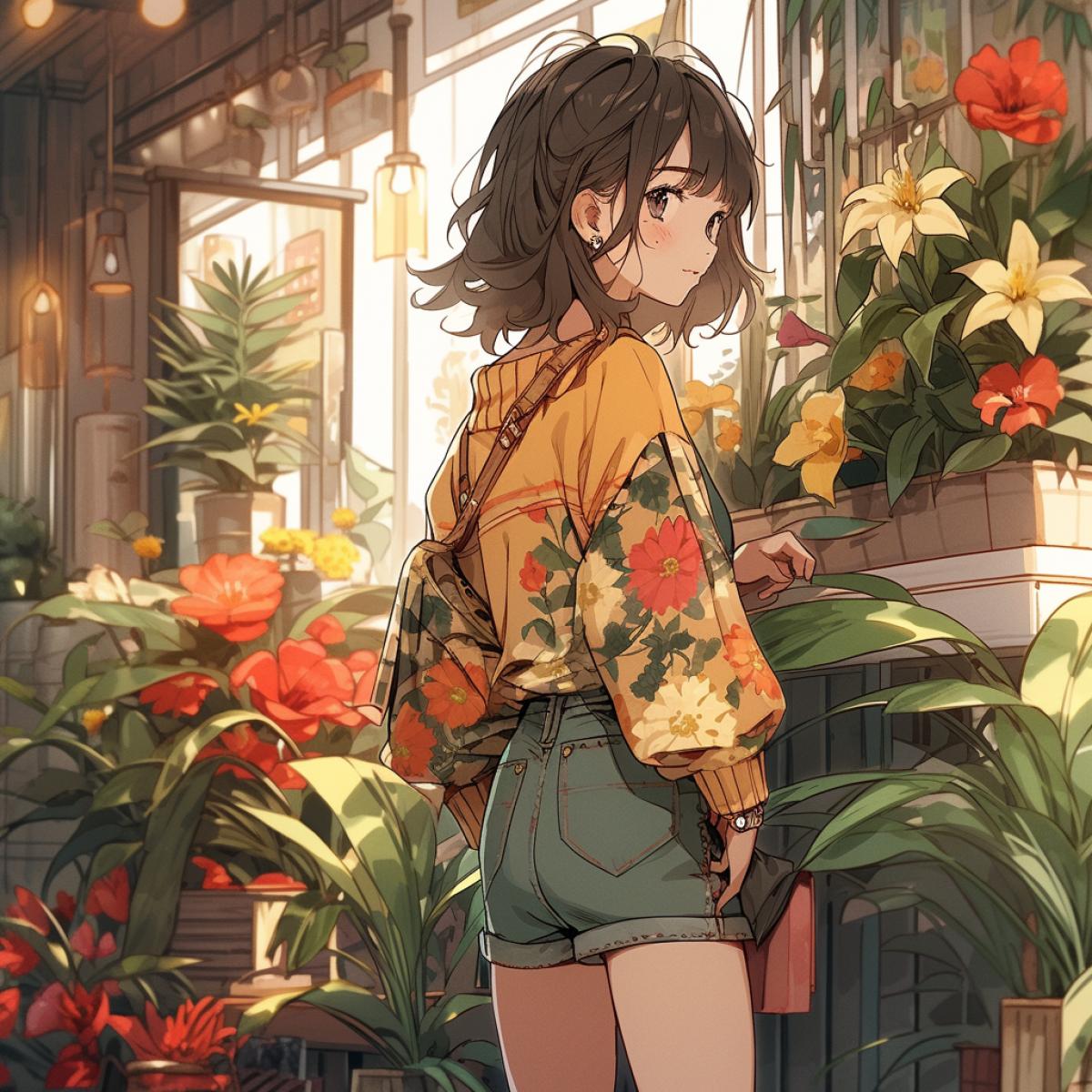 beautiful girl in shorts and a short top, shopping in a flower shop, anime style, drawing