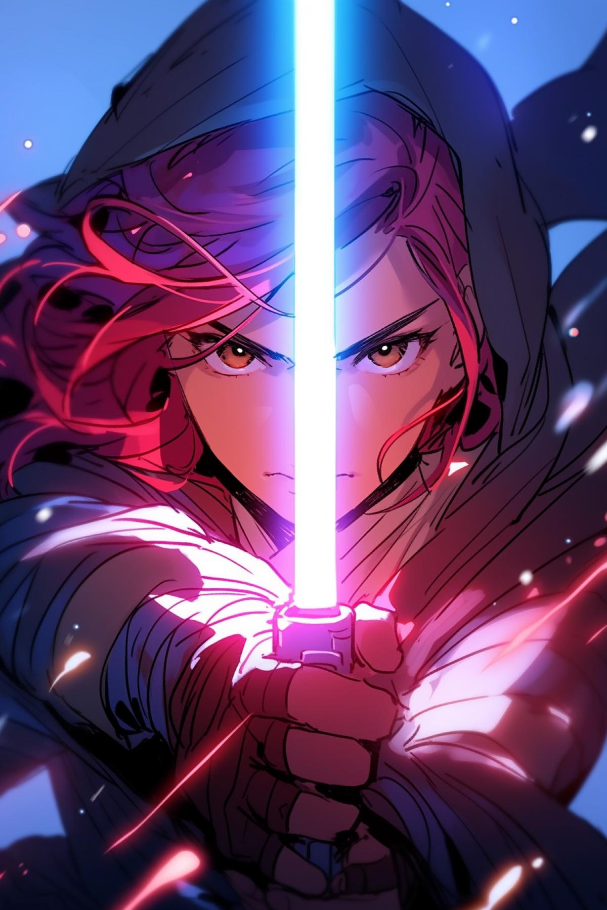 beautiful Jedi girl fights with a lightsaber in her hands, rage and courage