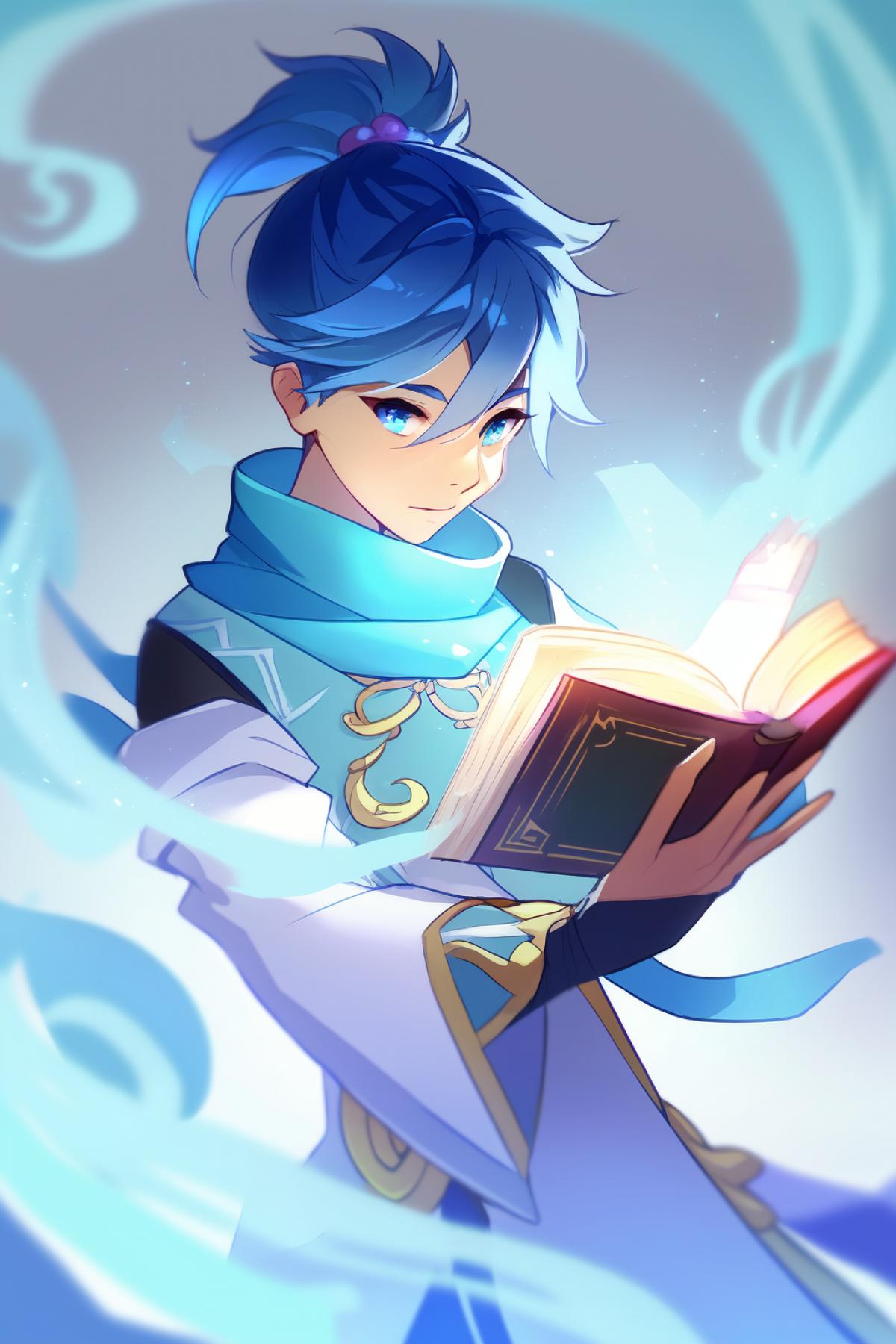Anime boy with a magic book in his hands, blue hair, traditional dress of China of a light blue shade, bright blue eyes, around a magical background of blue-blue color, hair gathered in a ponytail