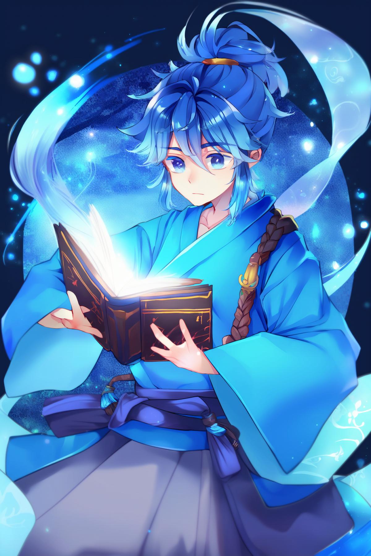 Anime boy with a magic book in his hands, blue hair, a traditional Chinese “dress” of a light blue hue, bright blue eyes, around a magical blue-blue background, hair gathered in a ponytail
