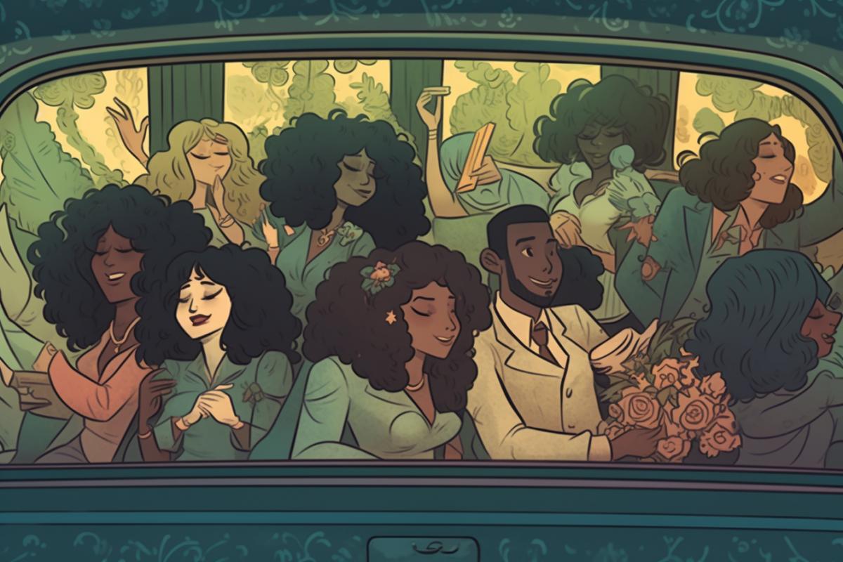 Party at the club. Everyone is having fun and dancing to the music. In the front seat is a couple dancing in beautiful clothes.