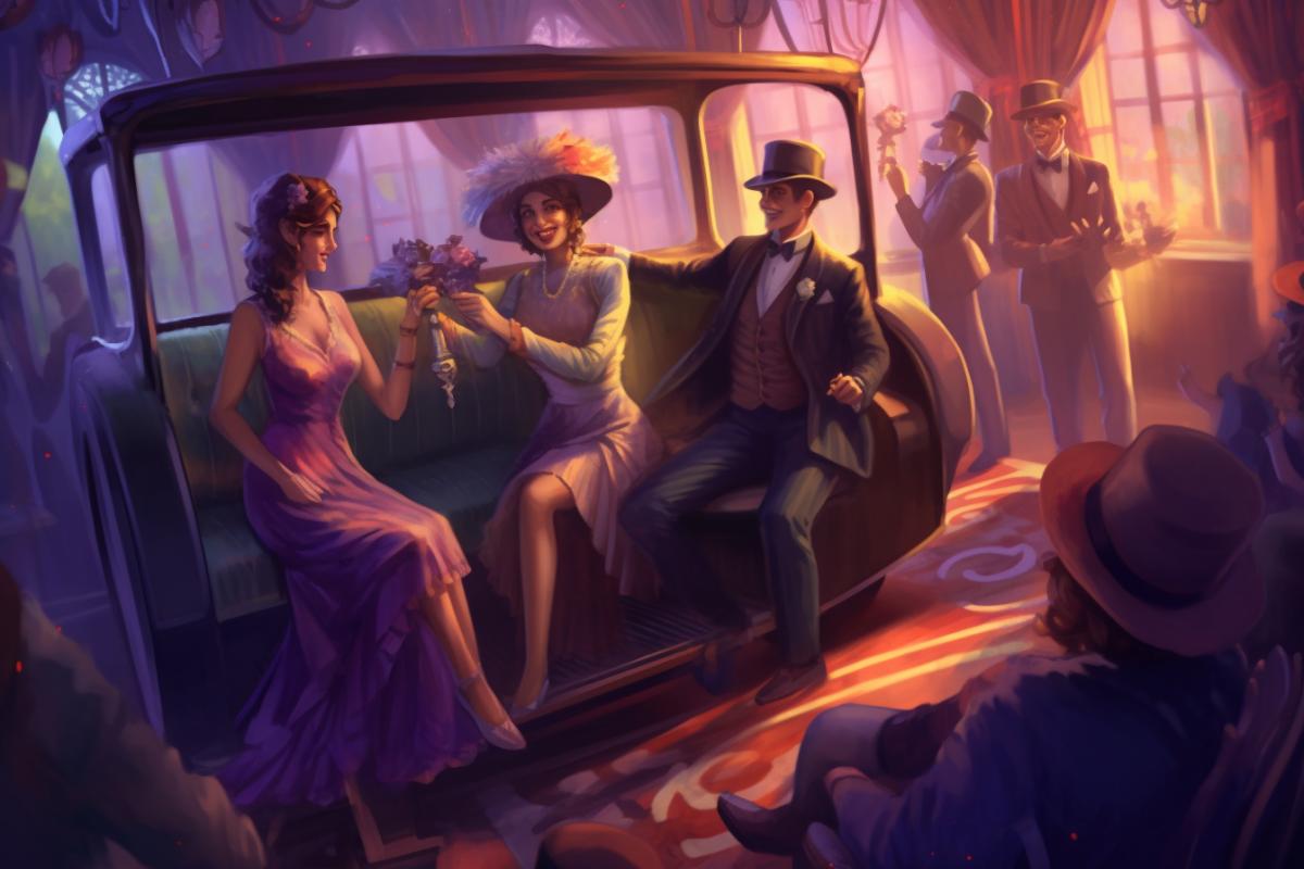 Party at the club. Everyone is having fun and dancing to the music. In the front seat is a couple dancing in beautiful clothes.