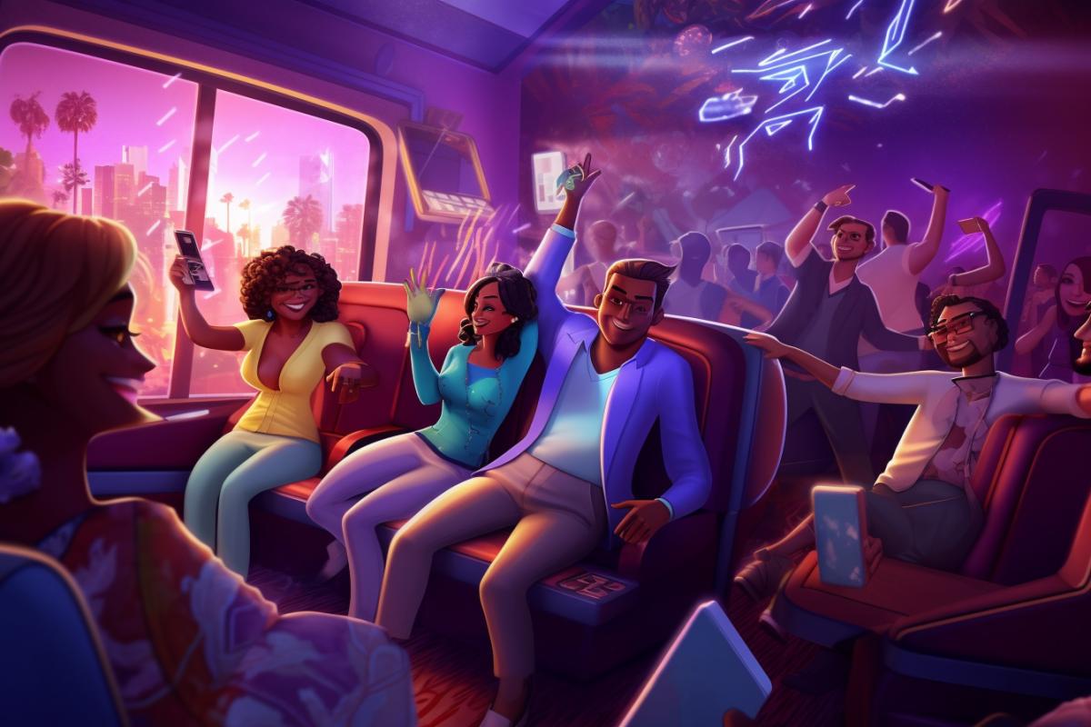 Party at the club. Everyone is having fun and dancing to the music. In the front seat is a couple dancing in beautiful clothes.