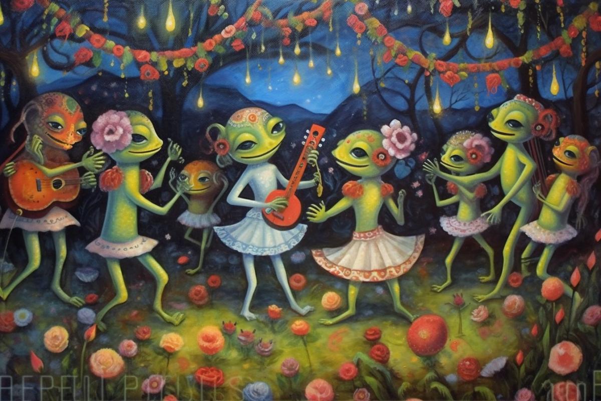 Toads at a party, skeletons dancing elegantly 🎄👻