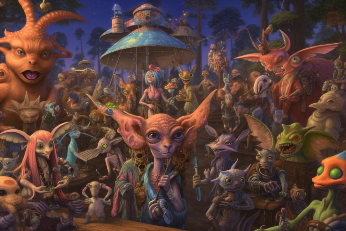 Hippie party for aliens, insectoids, reptiloids, felinoids, caninoids, cancroids and other extraterrestrians