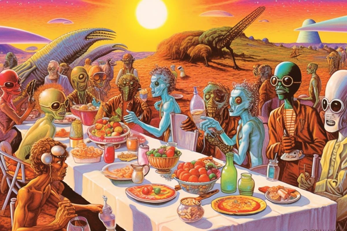 Hippie party for aliens, insectoids, reptiloids, felinoids, caninoids, cancroids and other extraterrestrians