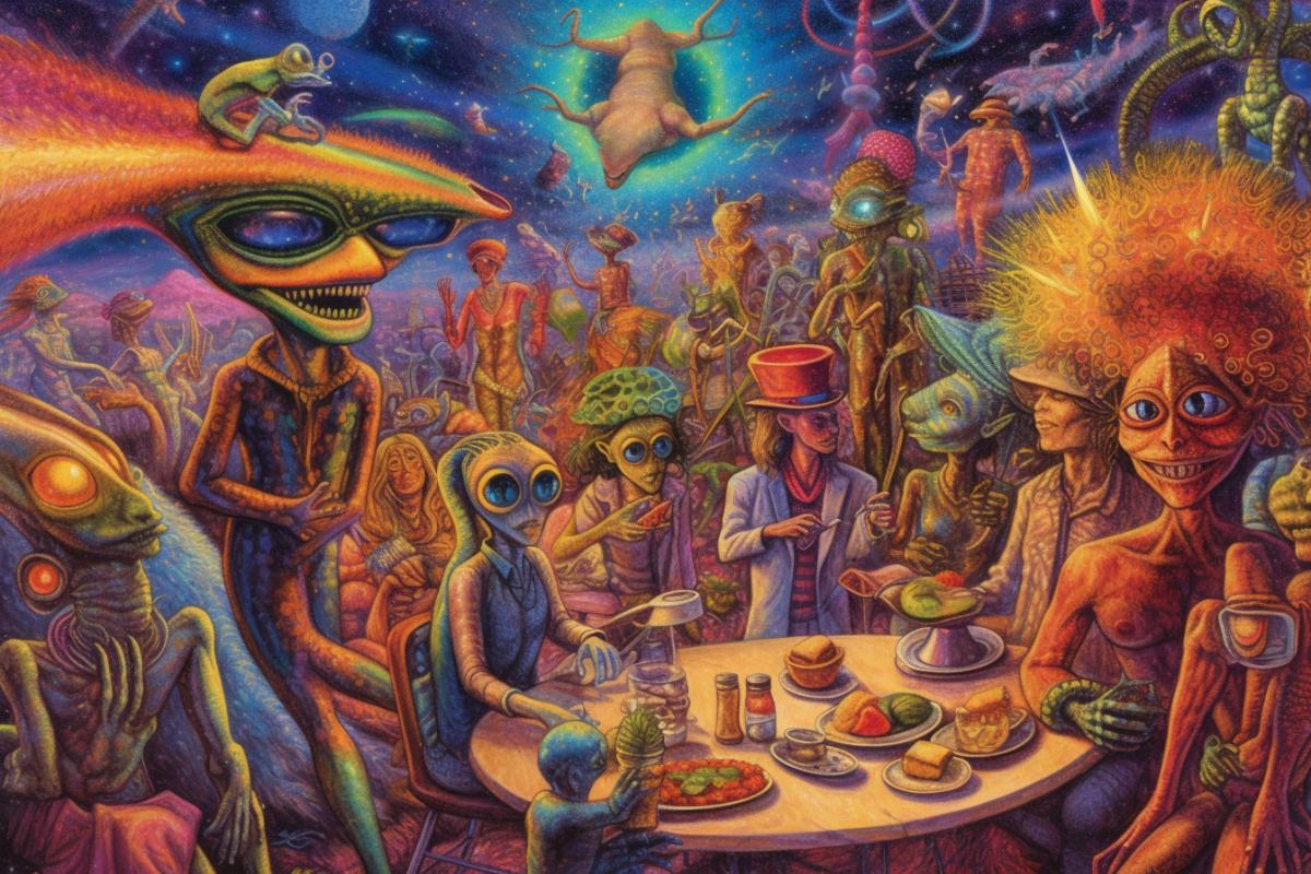 Hippie party for aliens, insectoids, reptiloids, felinoids, caninoids, cancroids and other extraterrestrians