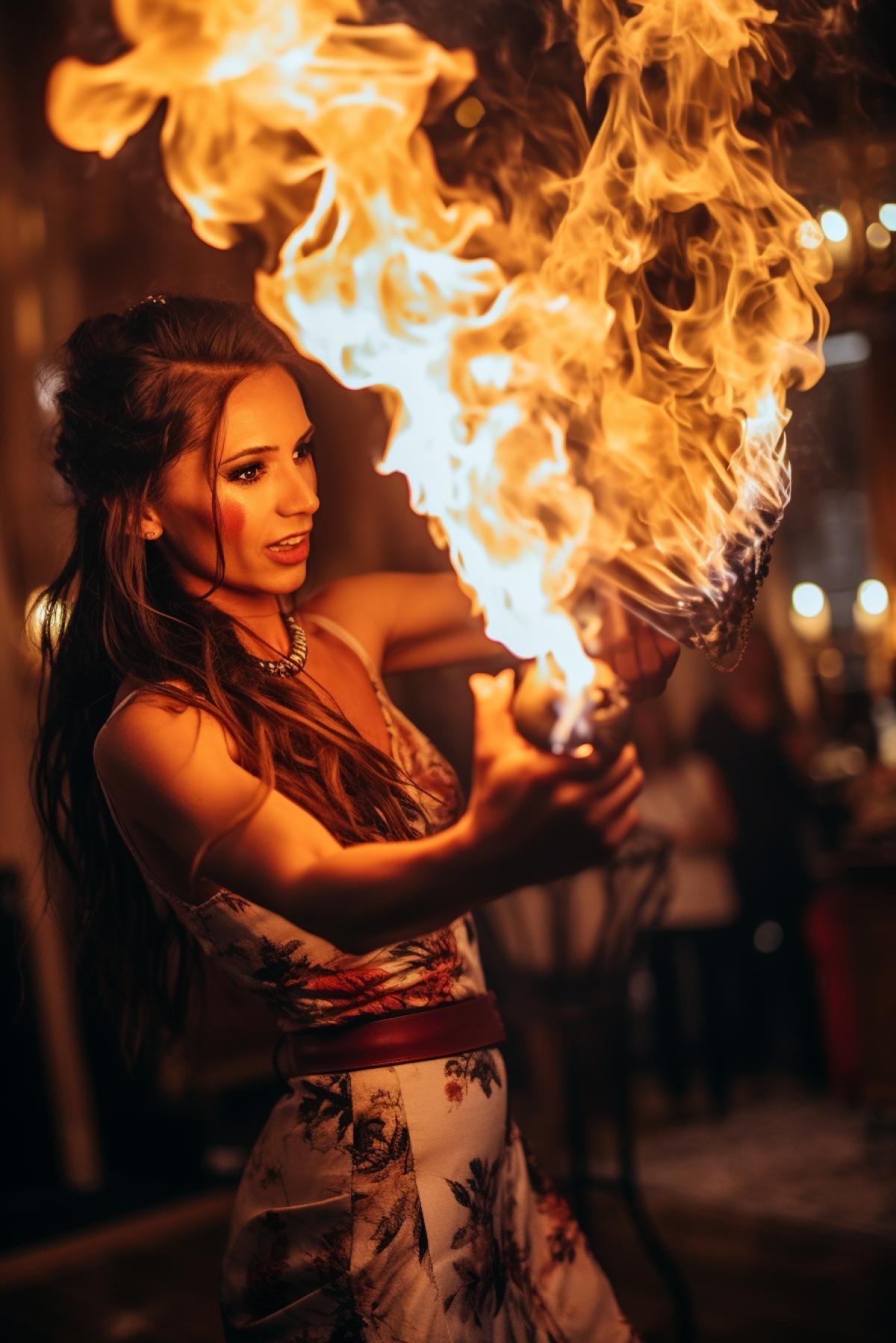 The girl put on a beautiful fire show at a private premium party