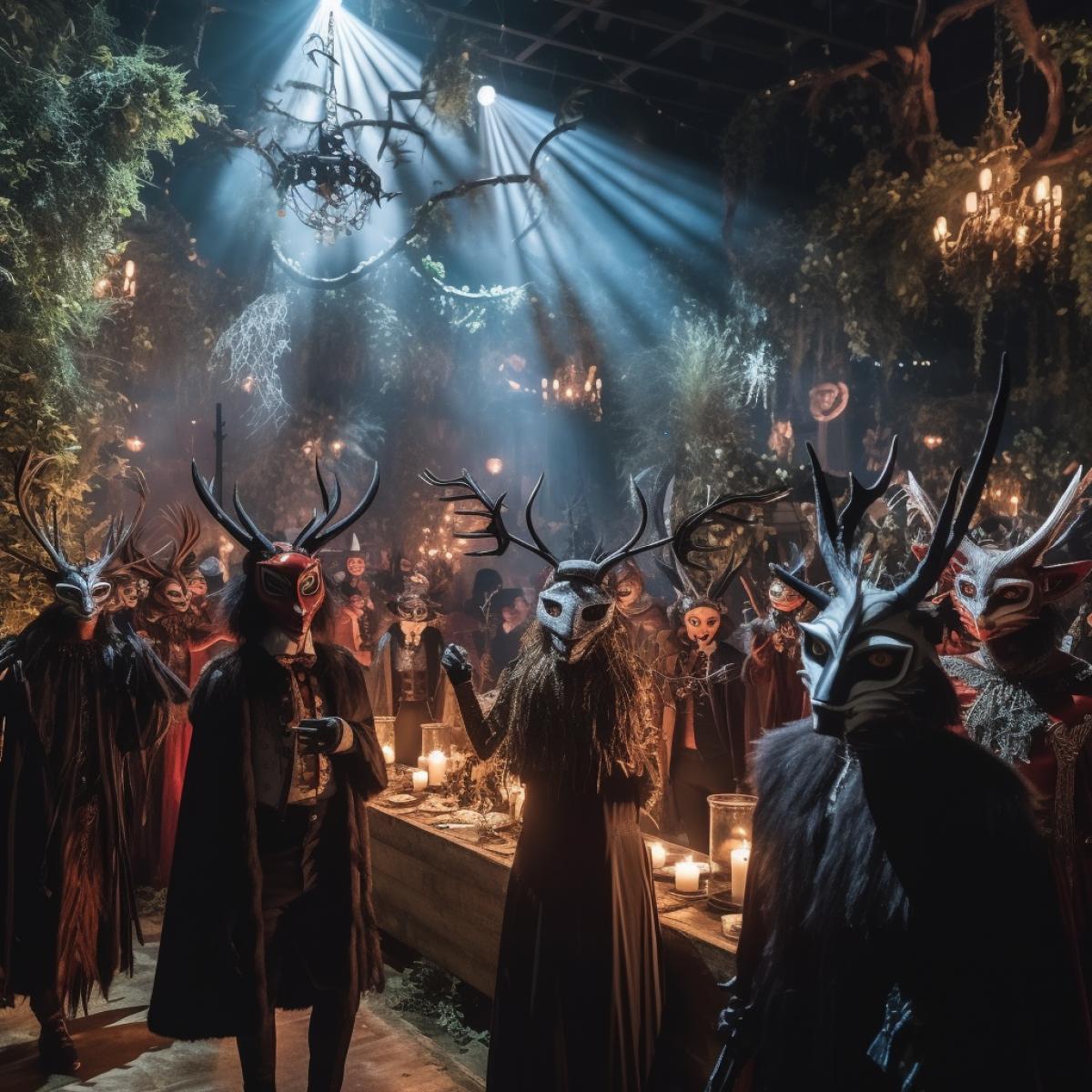 A surreal masquerade ball set in an enchanted forest. Guests wear extravagant costumes, half-human, half-animal, and whimsical masks that obscure their identities. The moonlight illuminates the hidden dance floor, where the unusual beings twirl and waltz in a magical display.