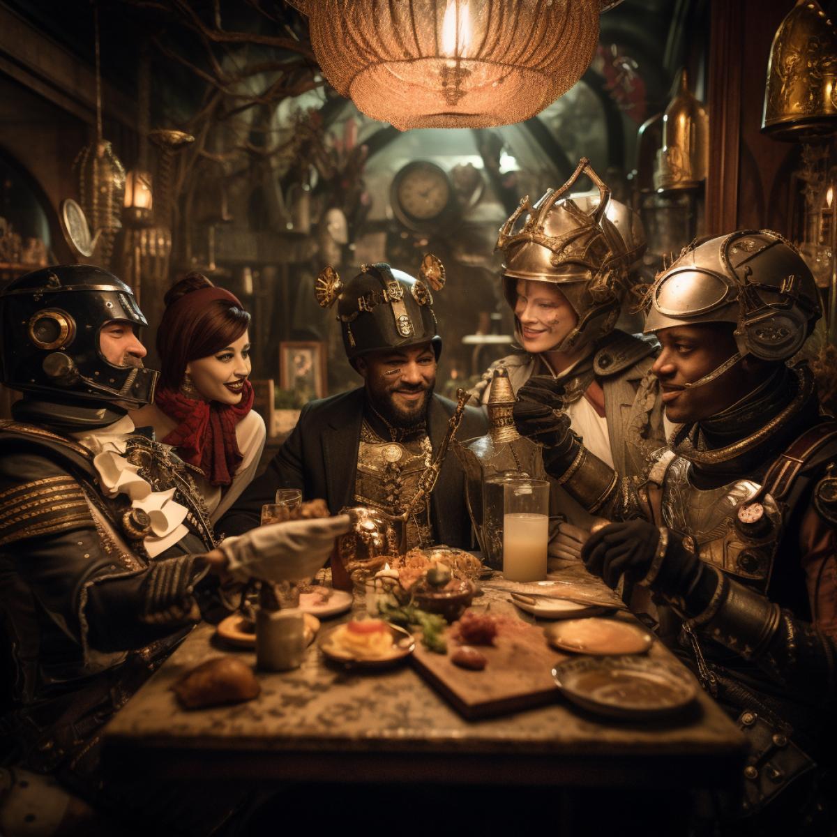 A time-travel-themed party with guests dressed in era-defying costumes, mingling across centuries. Steampunk pirates chat with medieval knights while futuristic space explorers enjoyrockettails with ancient Egyptians. The scene captures the whimsy of history intertwining in an eclectic time warp.