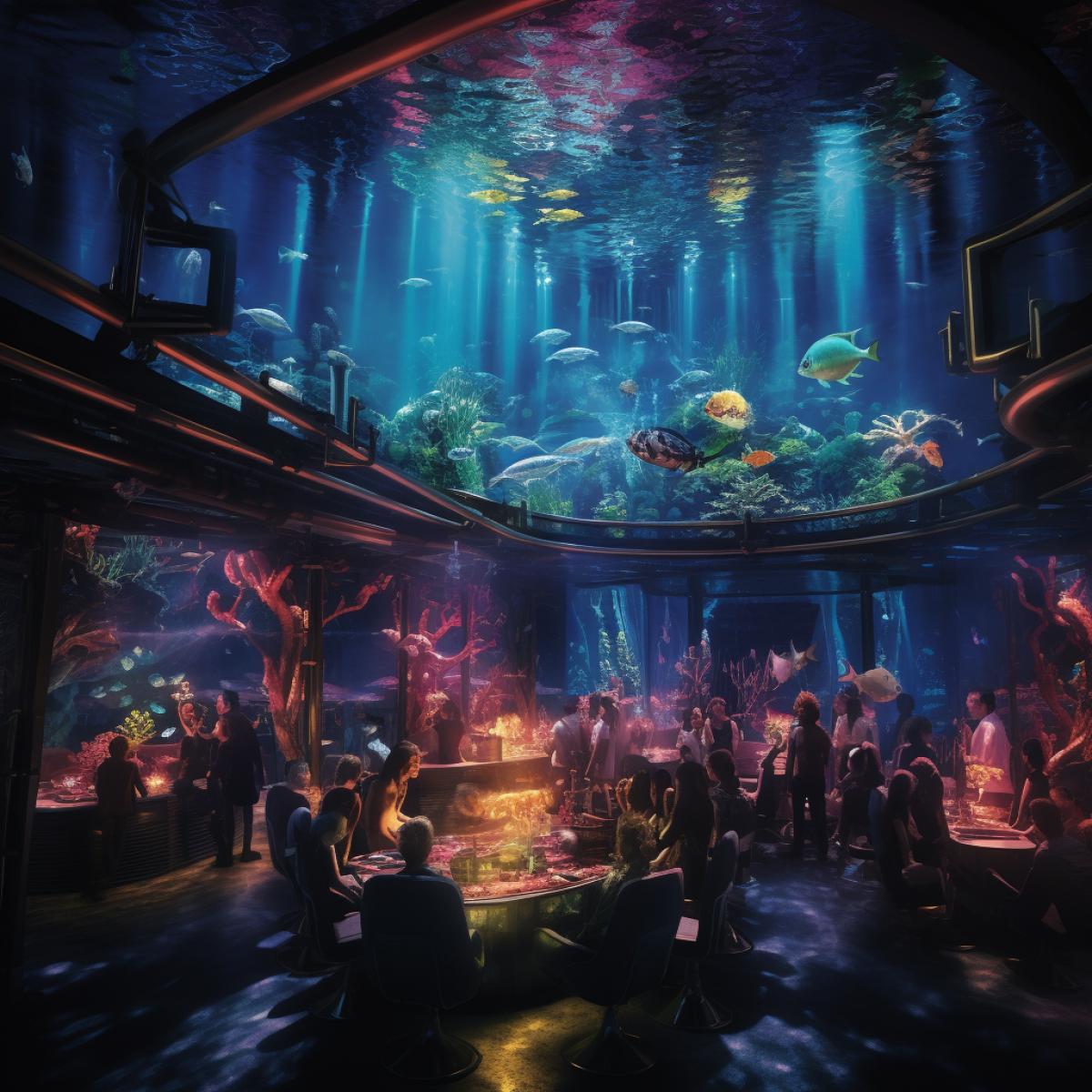 An underwater soiree in a luxurious submarine-turned-club. Mermaids and mermen, along with human guests in scuba gear, dance amidst the coral and marine life. The neon-lit subaquatic world pulsates with the rhythm of the ocean, creating an extraordinary aquatic experience.