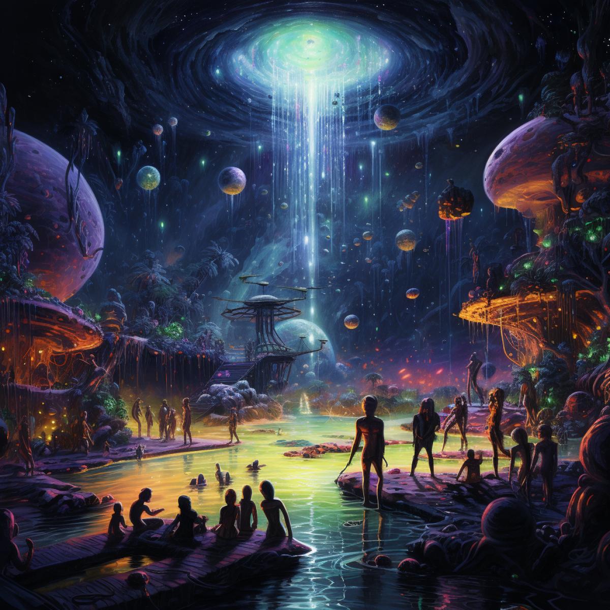 A cosmic rave on a floating platform amidst a meteor bathroom. Extraterrestrial beings and Earthlings come together to dance under the stars, surrounded by neon galaxies and celestial lights. The atmosphere radiates with interstellar revelry and a sense of unity in the vastness of space.