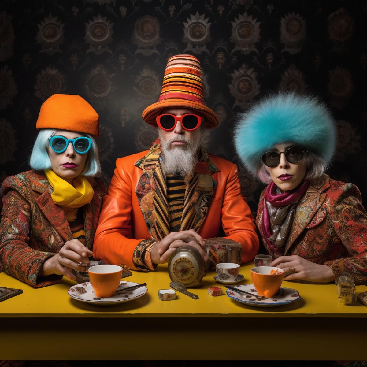 Three eccentric explorers at a Parallel Universe party, where the rooms decor and lighting create the illusion of multiple dimensions. The trio, each with their unique attire, stands in awe of the multidimensional spectacle, their expressions a mix of wonder and intrigue.