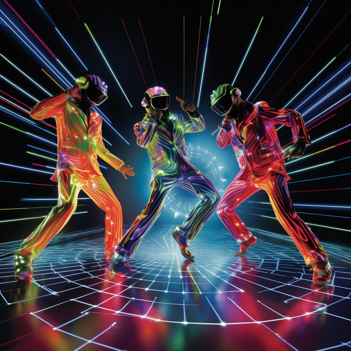 In the midst of a Quantum Disco, three central characters sport neon-sparkling suits as they engage in a dance-off, surrounded by multidimensional effects. The dance floor shifts between various timelines, creating a visual spectacle that defies the laws of reality.