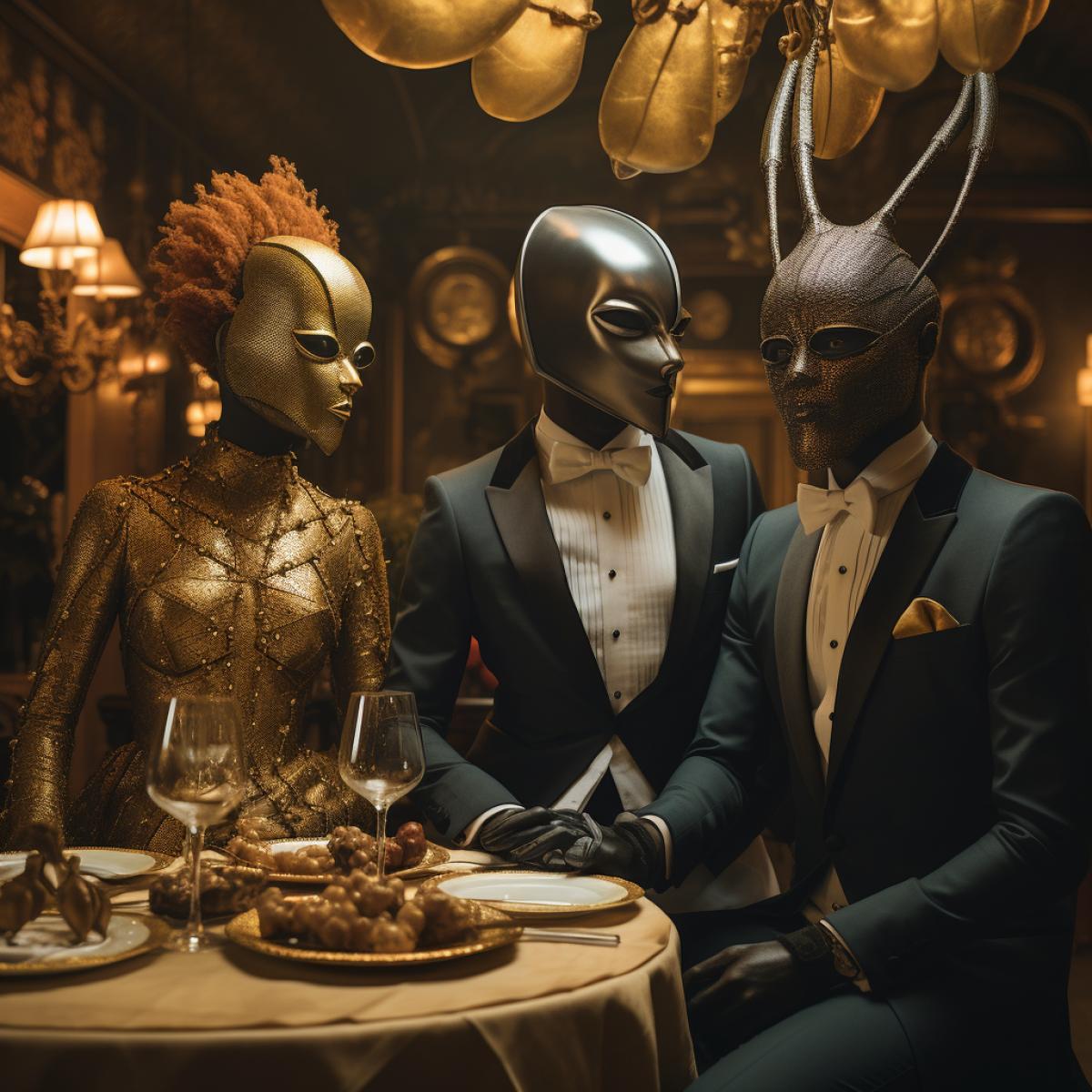 A Quantum Masquerade brings three key figures to the forefront, each adorned in enigmatic attire. As they stand in a room filled with shifting realities and masked partygoers, a sense of intrigue and wonder fills the air at this otherworldly gathering.