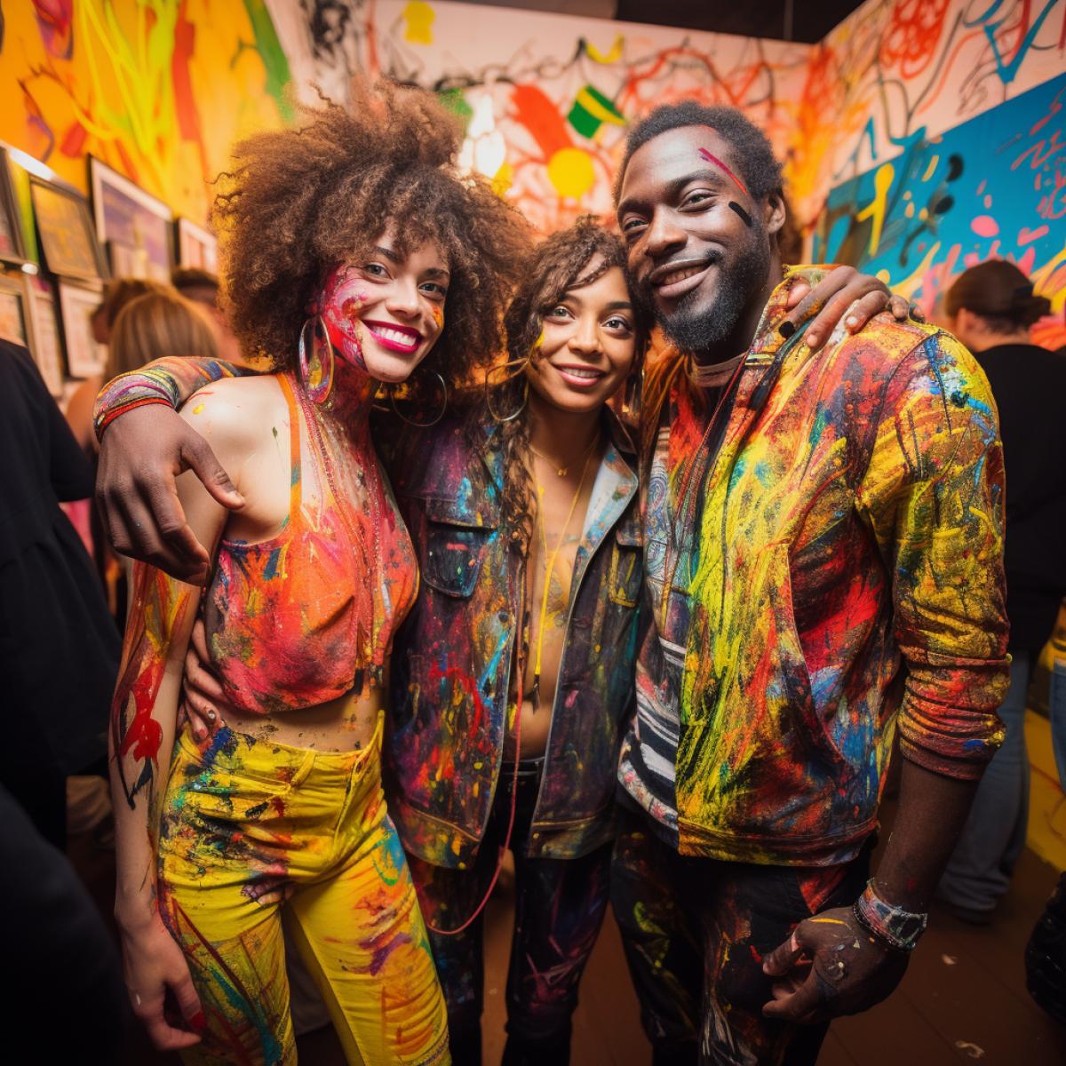 At an Artistic Anarchy party, three prominent artists are featured, their bodies painted in vibrant, abstract designs. They stand amidst a chaotic yet artistic setting, where attendees create live art and explore their own expressive impulses, embodying the free-spirited atmosphere of the event