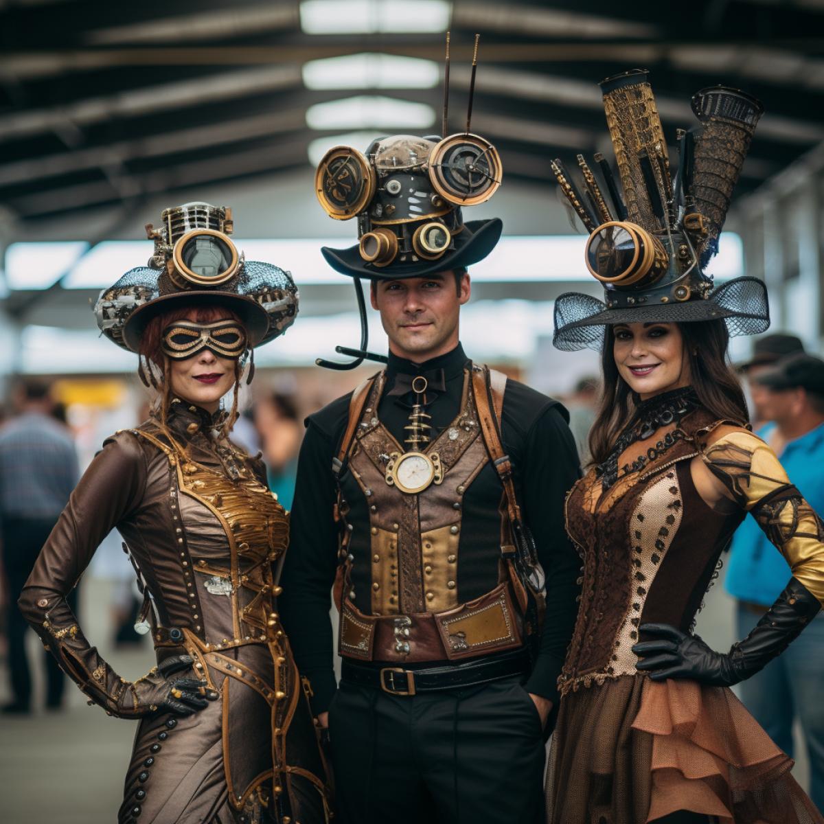 In a Steampunk Extravaganza, three key characters are attired in elaborate, mechanical-inspired outfits. They occupy a stage adorned with fantastical contraptions and vintage machinery, reflecting the eccentric and imaginative nature of the steampunk-inspired celebration.