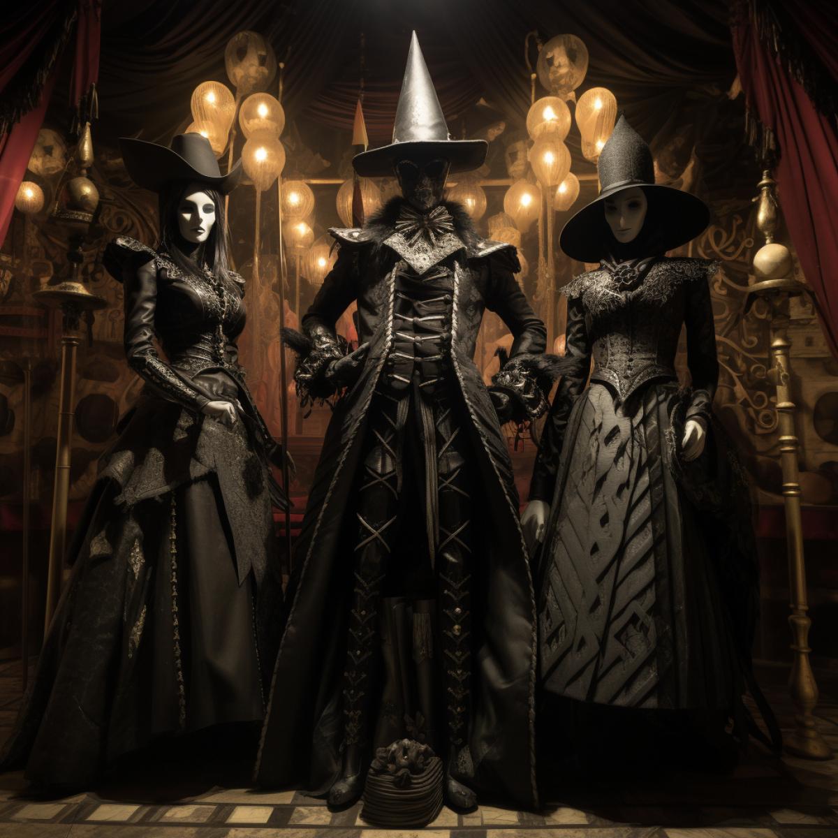 A Carnival of Shadows spotlights three central figures in elaborate, dark-themed costumes. They stand in a hall filled with illusions, optical tricks, and eerie decorations. The trios enigmatic presence adds to the sense of mystery and theatricality at this unconventional soiree.