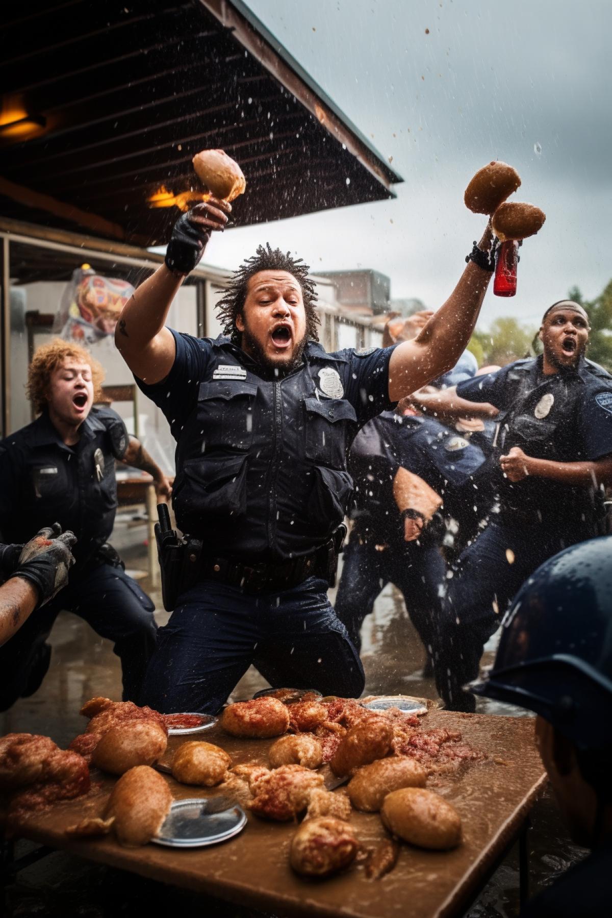 Stormy Police Party, police officers dance, drink beer and throw donuts in the air, fun and chaos