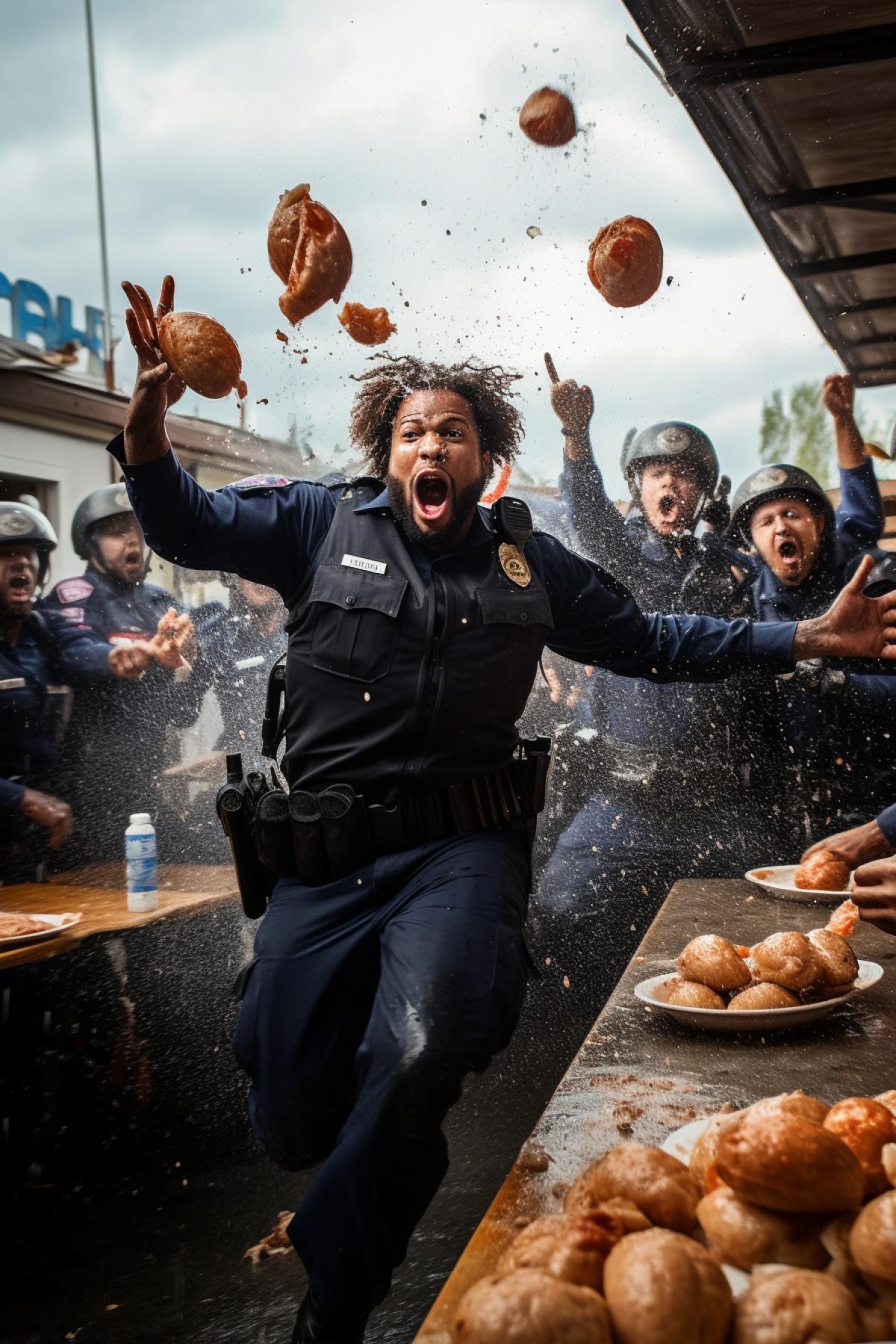 Stormy Police Party, police officers dance, drink beer and throw donuts in the air, fun and chaos