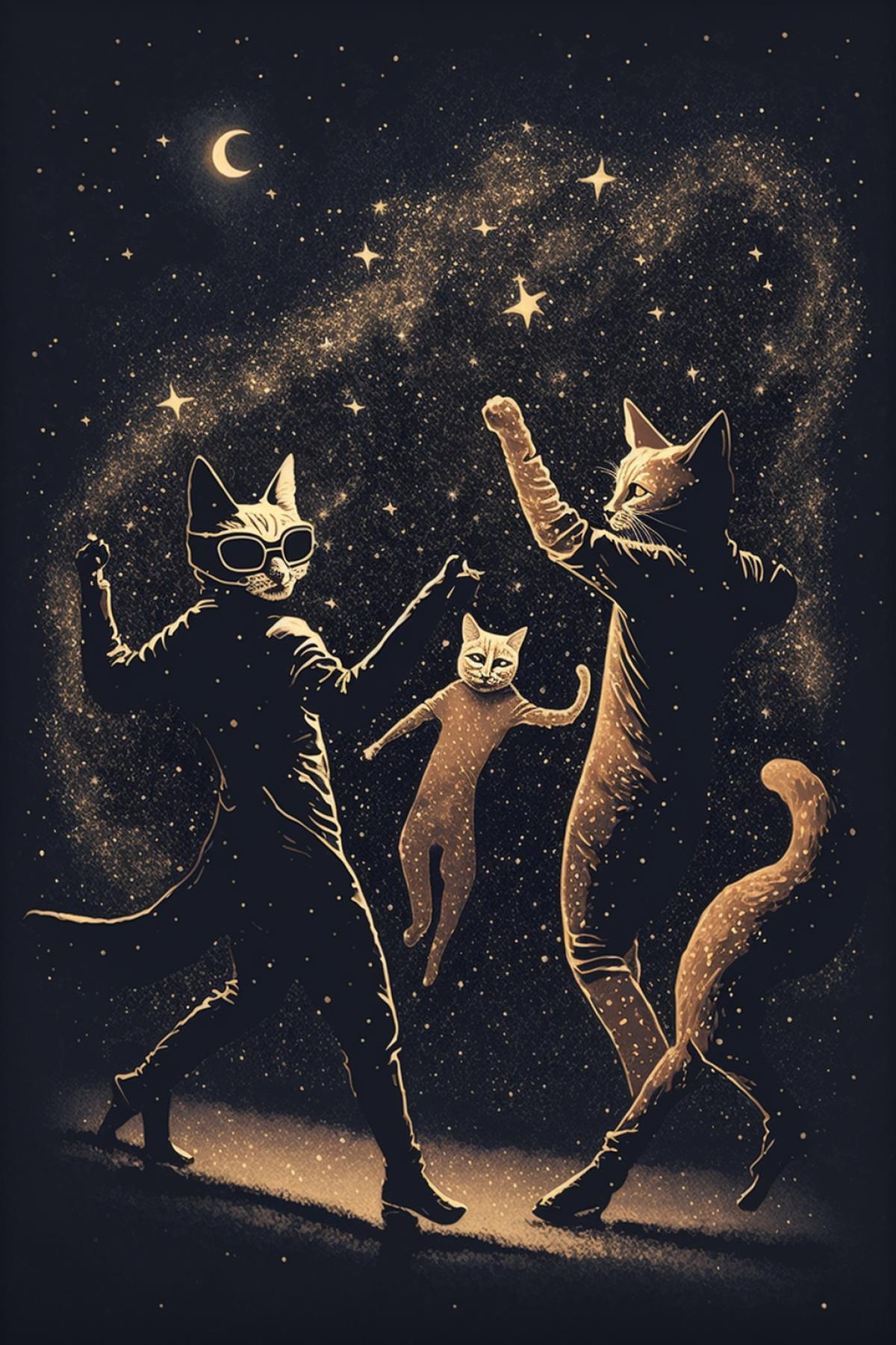 people in cat masks dance under the starry sky