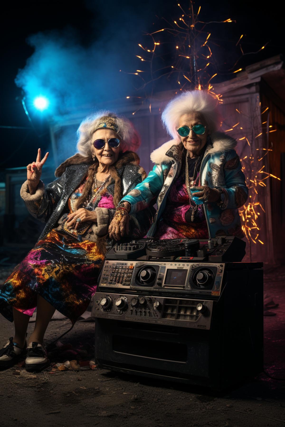 Russian grandmothers hang out on a bench at the entrance, they laugh, drinkrockettails, hold sparklers, there is a boombox on the asphalt, summer evening