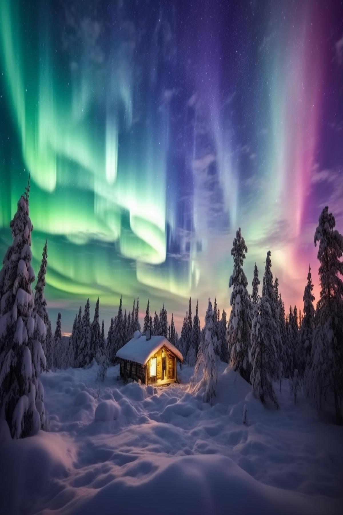 Bright northern lights, winter in Karelia, snow-covered trees, hut