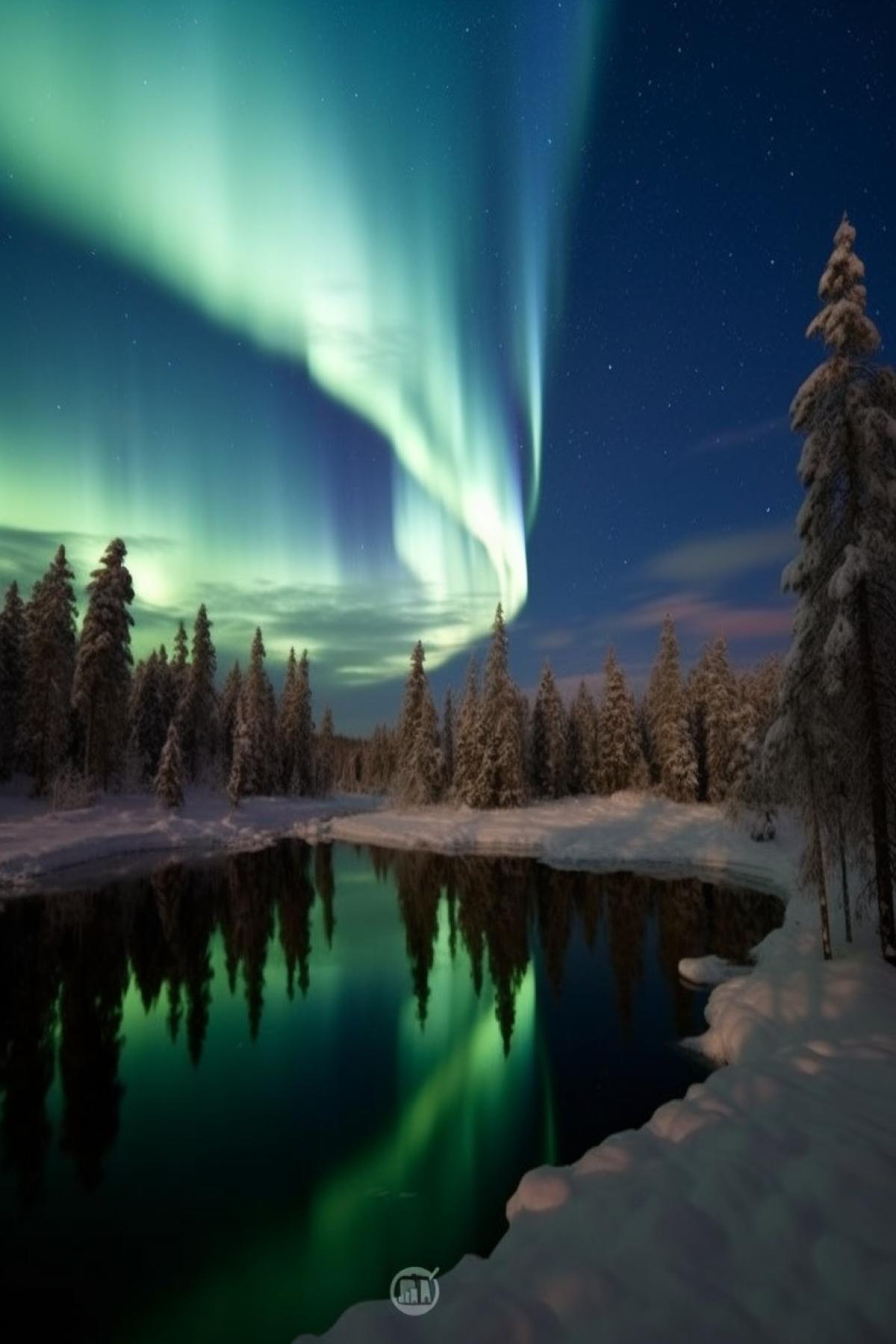 Bright northern lights, winter in Karelia, snow-covered trees, hut