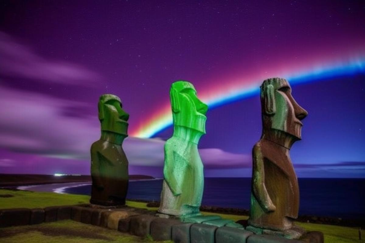 realistic photo of the natives of Easter Island, who are surprised, stunned, frightened by the unusually beautiful, mesmerizing spectacle of the aurora in the night sky above the island
