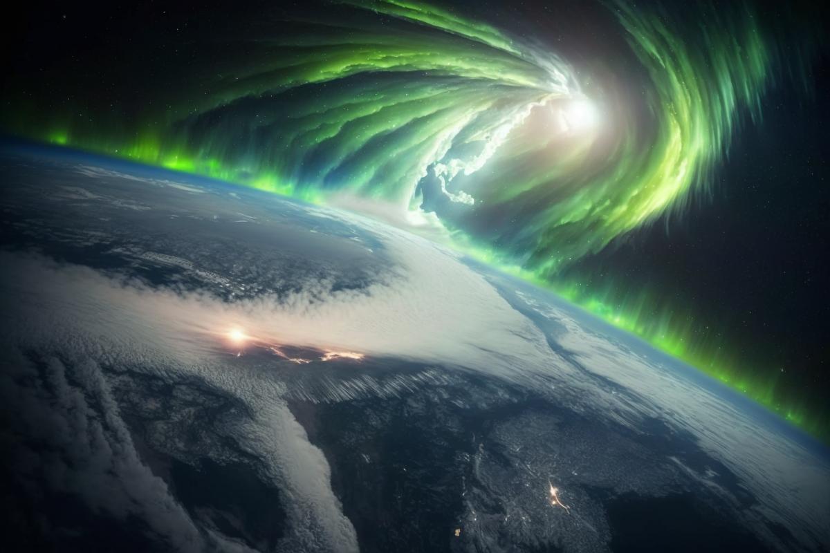 professional photo, view from space, Aurora Borealis, dark background with stars, constellations and space wind, ultra realistic, cinematic, hyper detailed