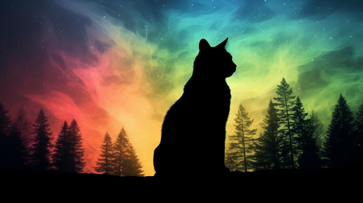 Cat silhouette aurora double exposure