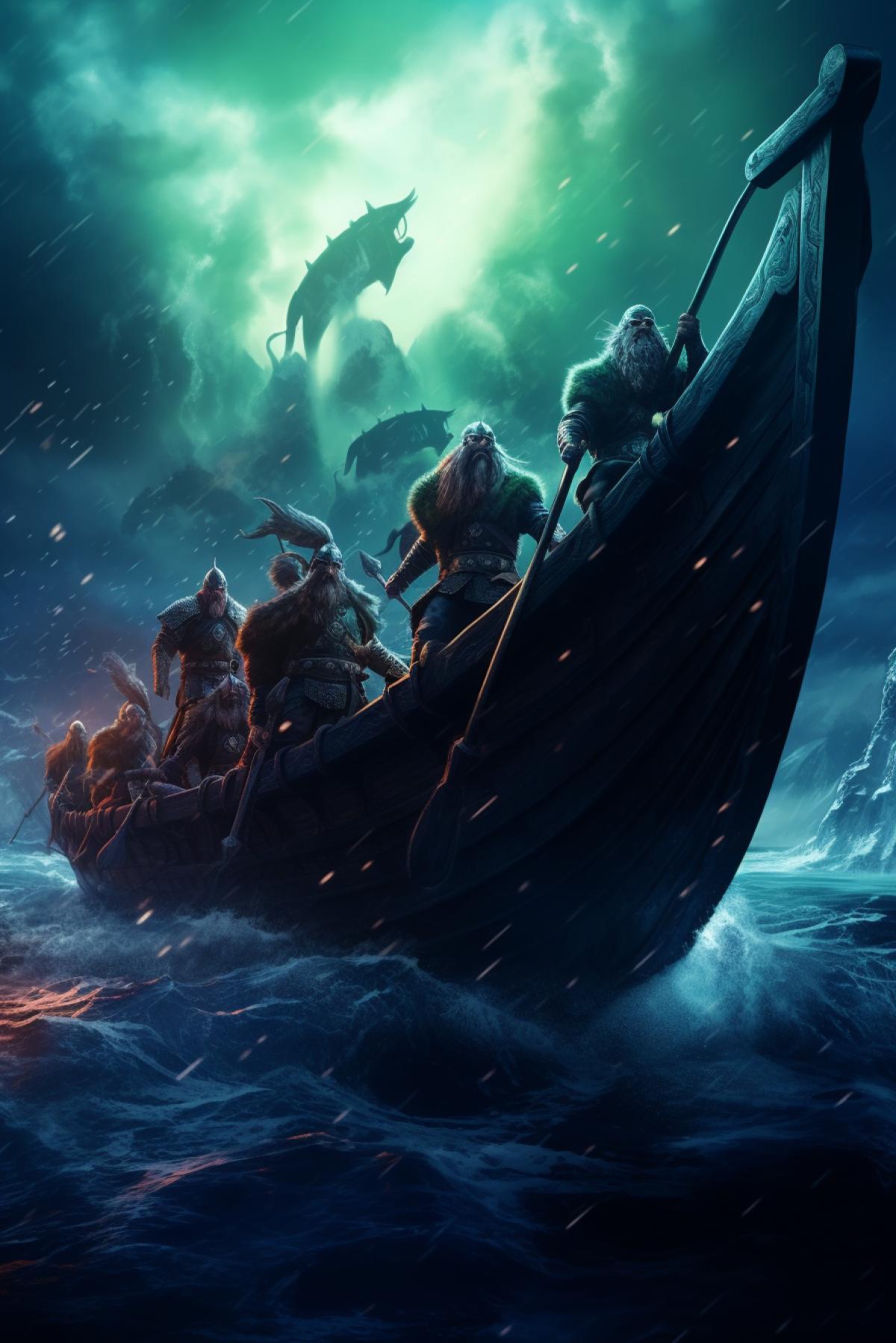 Ancient Vikings are on a ship at sea, looking at the Northern Lights, night