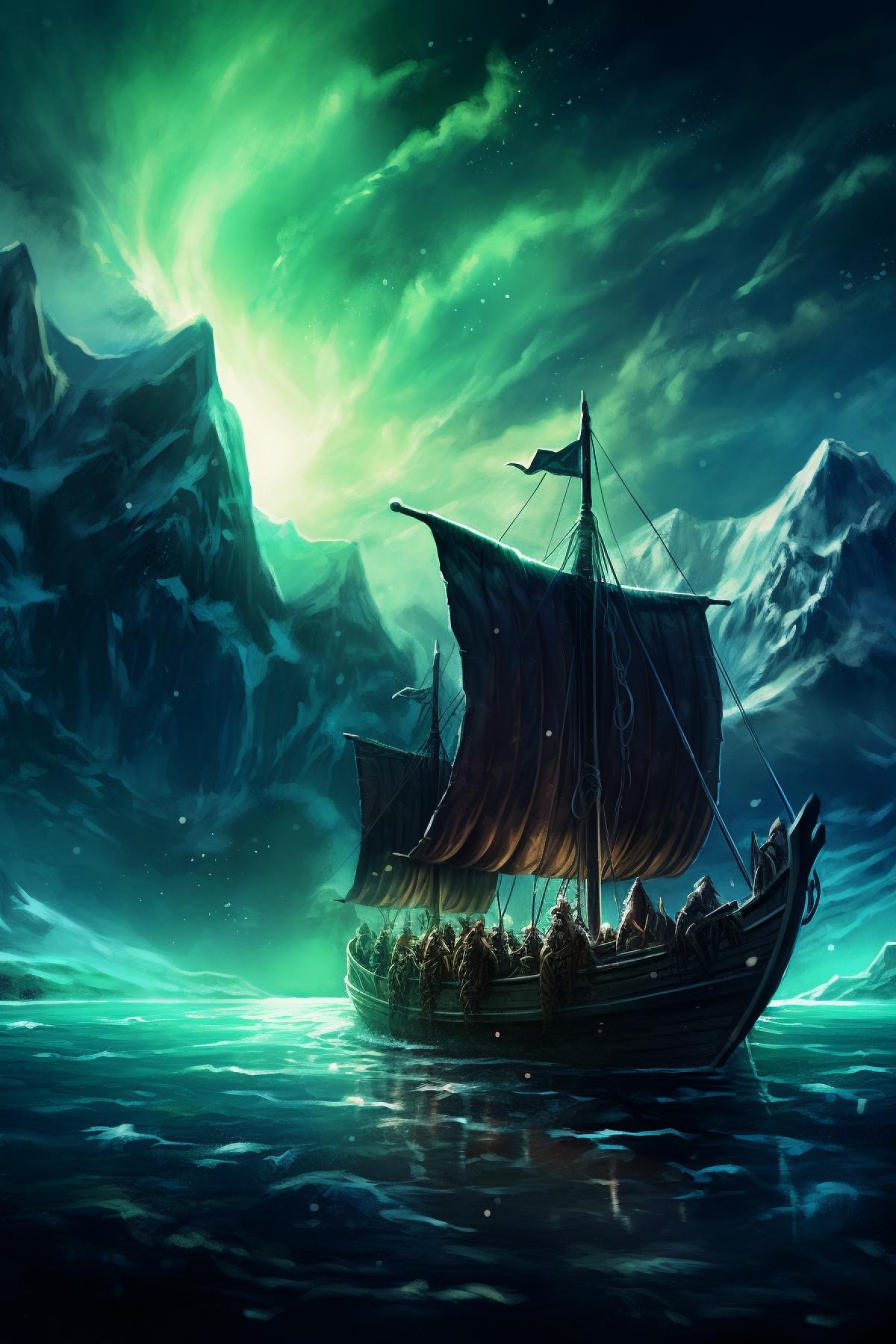 Ancient Vikings are on a ship at sea, looking at the Northern Lights, night
