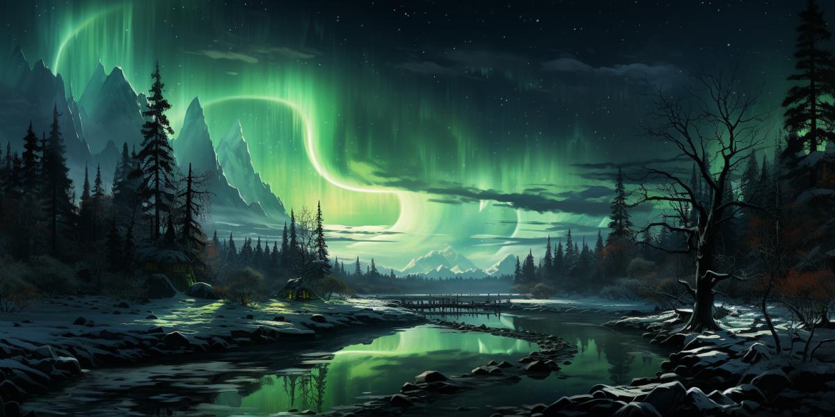 Digital watercolor northern lights, snow-covered plain, midnight