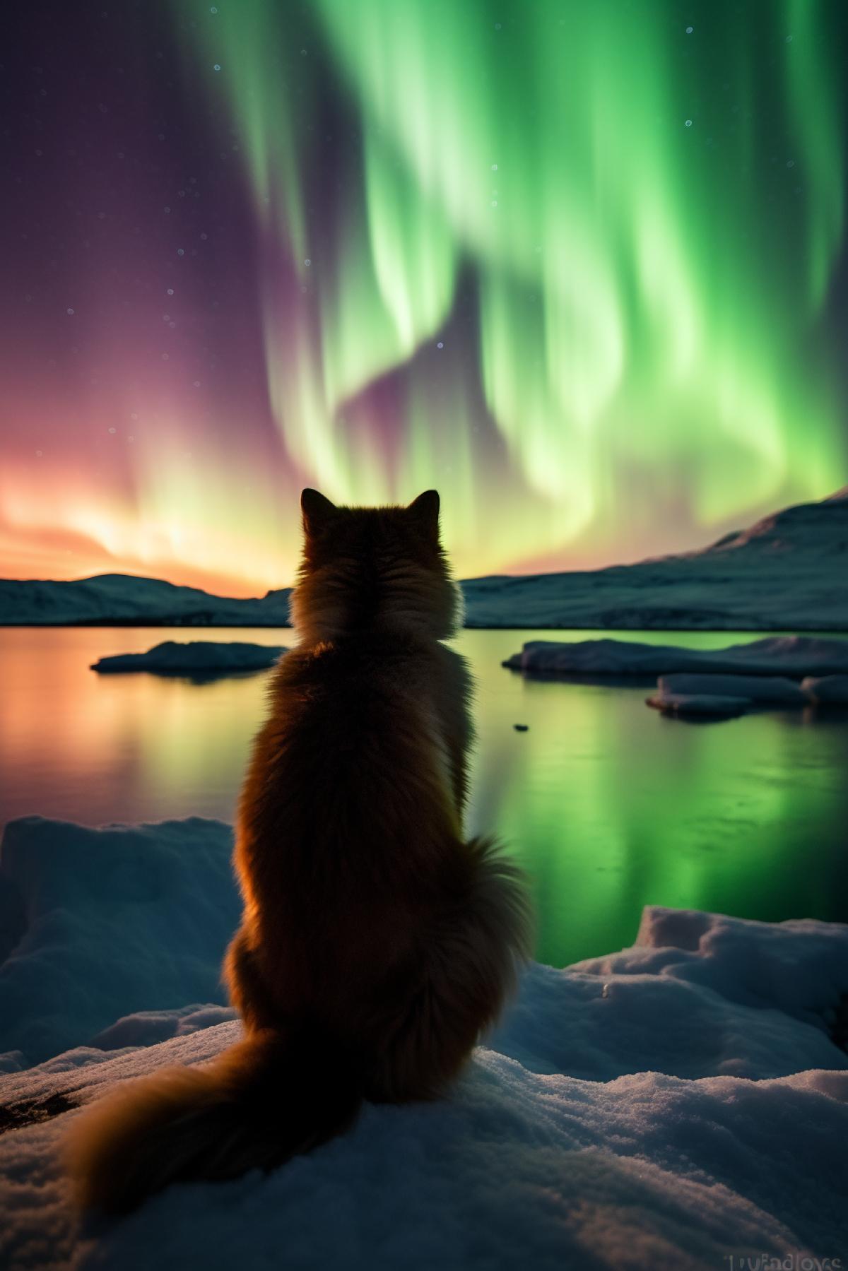 fox looks at the aurora, Polar Lights