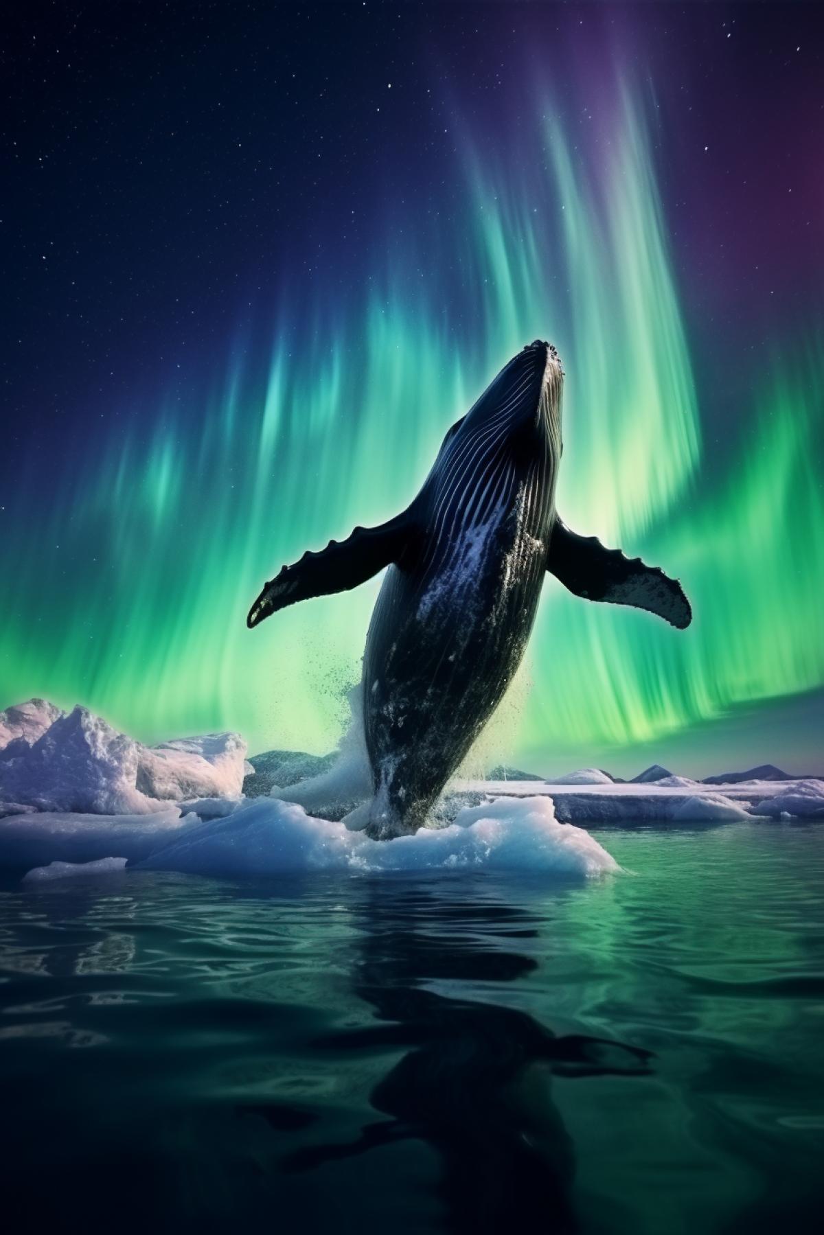 whale in the ocean, aurora, Polar Lights