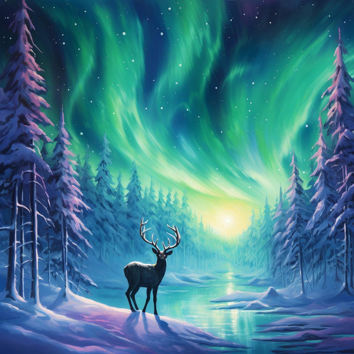 Shimmering emerald hues dance across an Arctic landscape. The vibrant colors of the Northern Lights fill the night sky, casting an otherworldly glow. A solitary reindeer, silhouetted against the celestial spectacle, grazes in a pristine snow-covered meadow. The ethereal, iridescent curtains of light paint a vivid backdrop to this tranquil winter scene.