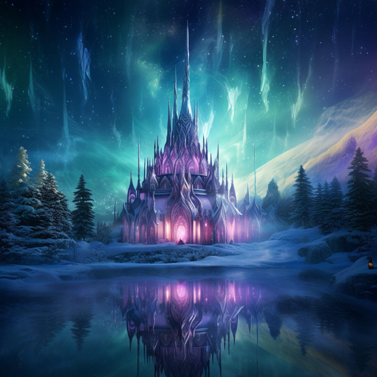 A frozen wilderness transformed into an alien dreamscape. In the heart of the polar night, a dome of ice encapsulates an icy castle, bathed in the soft, multicolored glow of the Aurora Borealis. The castles intricate, crystalline spires stand as an architectural marvel, blending seamlessly with the frozen landscape. The ethereal lights create an enchanting, mystical ambiance.