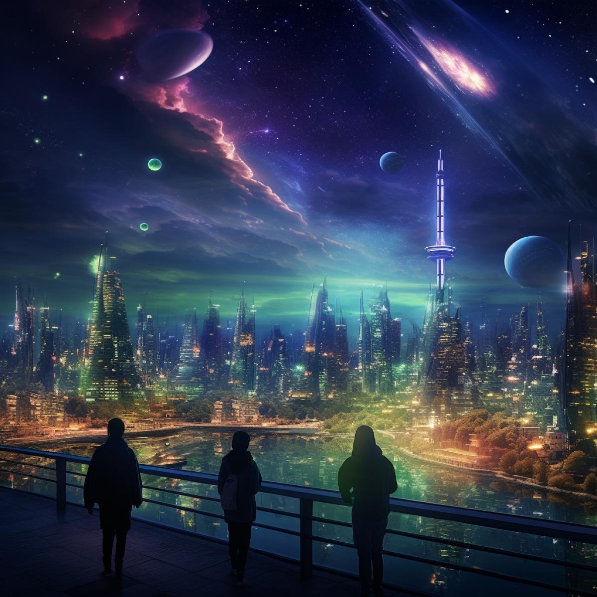 A futuristic, sci-fi city under the celestial ballet of the Aurora Borealis. Skyscrapers pierce the night sky, their reflective surfaces capturing the vivid colors. Hovering vehicles glide through the urban canyons, leaving luminous trails of light. The citys inhabitants, dressed in sleek, luminescent attire, walk along illuminated walkways, their faces reflecting awe and wonder at the celestial spectacle above.