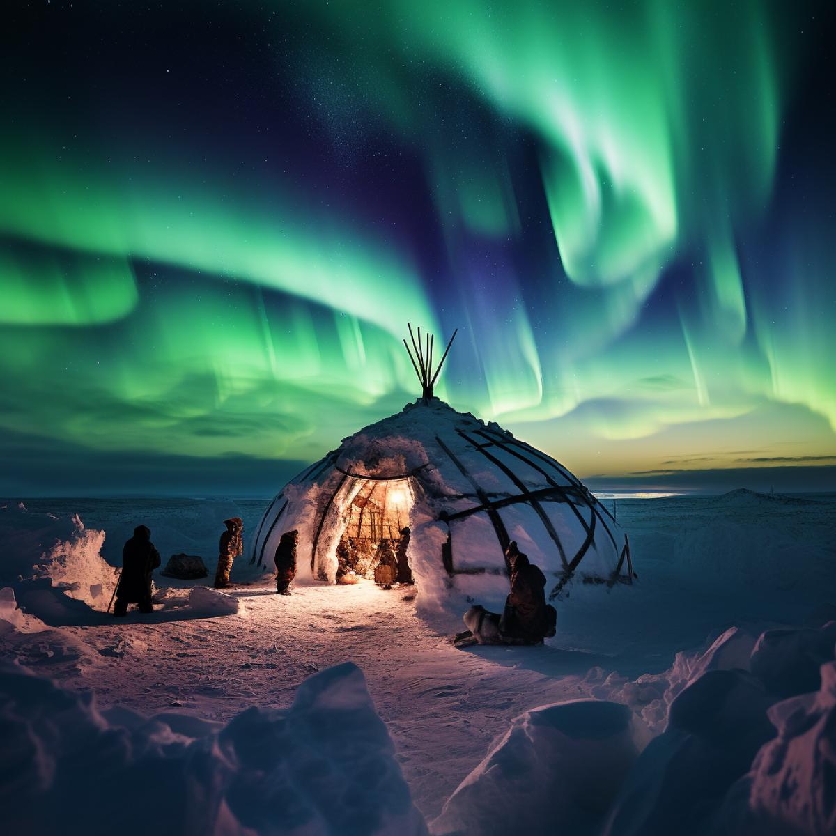 A nomadic Inuit familys traditional igloo village under the Northern Lights. As the elders tell stories around a crackling fire, children huddle in fur-lined coats, gazing at the swirling lights above. The igloos, adorned with intricate ice carvings, provide warmth and shelter in the frigid Arctic night. The colors of the Aurora Borealis create a mesmerizing backdrop for this 4k, generational gathering.