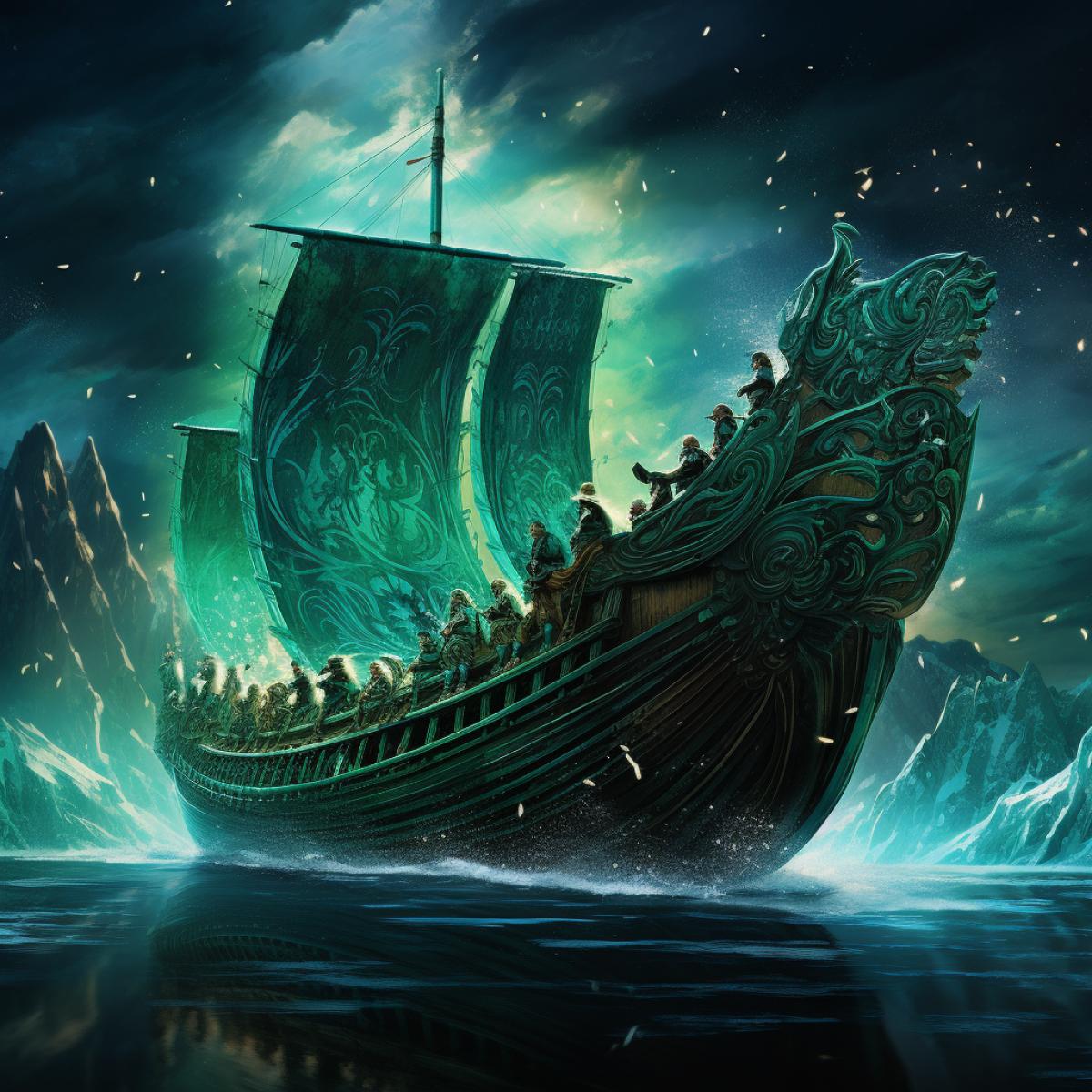 An ancient Viking longship sails through the Northern Lights. This fantastical vessel, adorned with dragon heads, glides effortlessly along the shimmering emerald currents of the Aurora Borealis. Warriors clad in fur-trimmed armor stand at the ready, their shields reflecting the iridescence. The ships bow is illuminated with runic symbols, invoking an otherworldly sense of Norse mythology and mysticism.