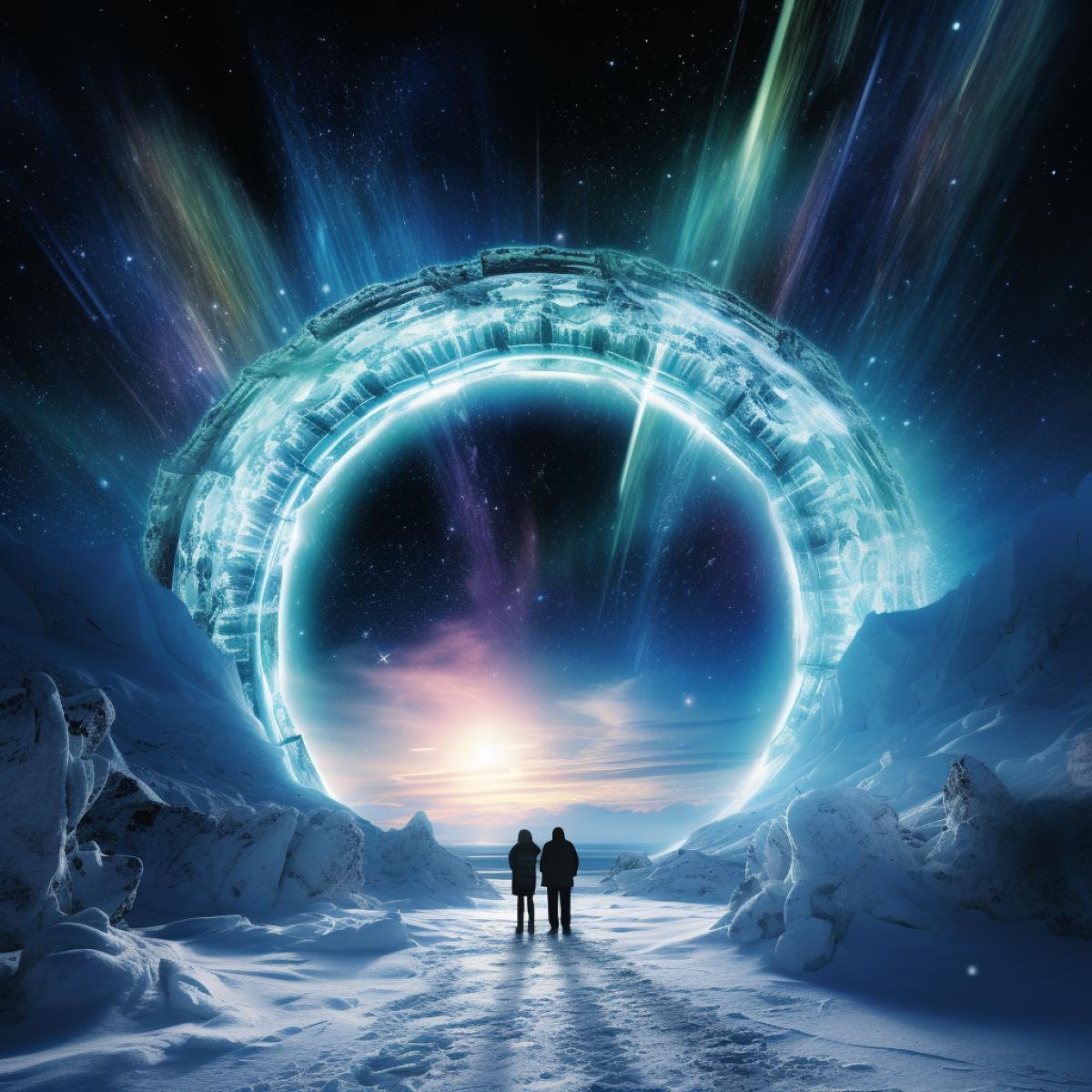 A grand, interdimensional portal opens amid the Polar Lights. In a remote Arctic research station, a group of scientists witnesses an awe-inspiring phenomenon. The portal, resembling a cosmic, swirling vortex, connects Earth with a parallel universe. Exotic flora and fauna from the other side of the portal intermingle with the icy terrain. Awe and trepidation fill the scientists faces as they explore this surreal crossover between realities.