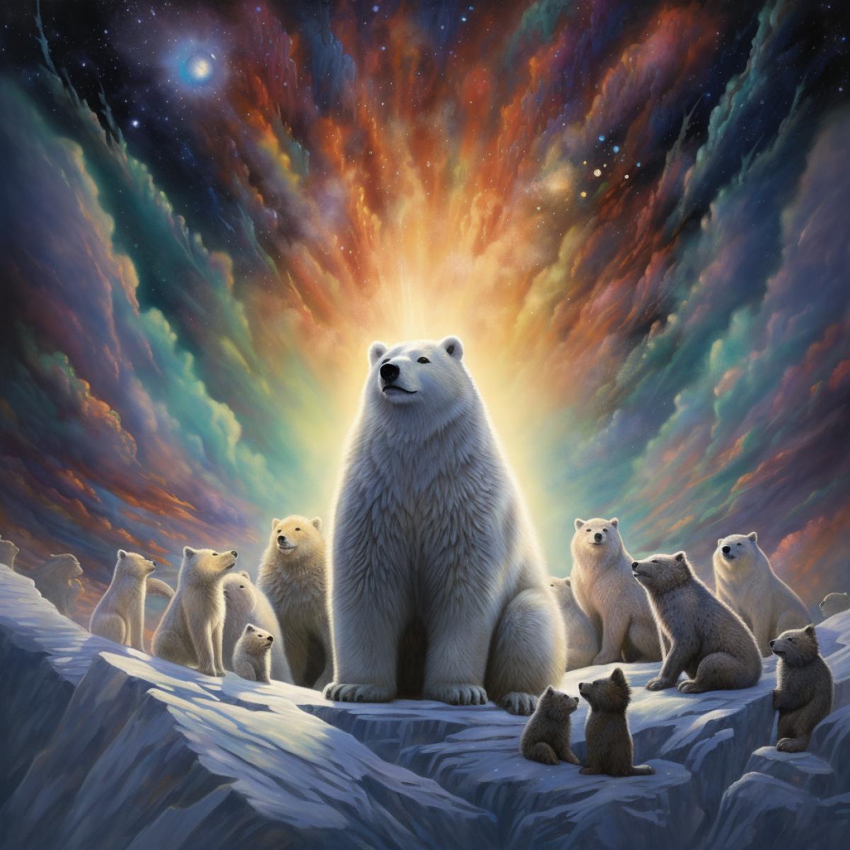 The celestial concert of the Arctic animals. In a hidden glade beneath the Northern Lights, polar bears, arctic foxes, and snowy owls gather in harmony. Their fur, feathers, and skins shimmer in the multicolored glow, creating an ordetailedra of ethereal beauty. The animals stand together, creating an extraordinary tableau of natures adaptations in the face of the polar night.