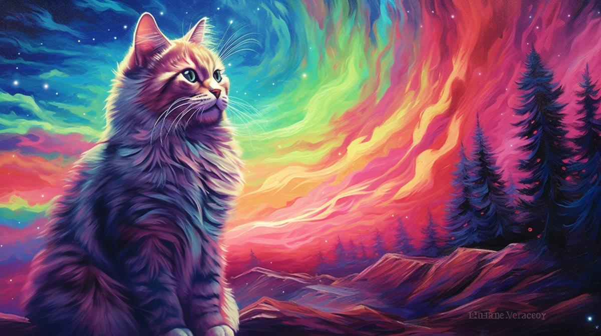 Cat artist paints aurora in bright colors