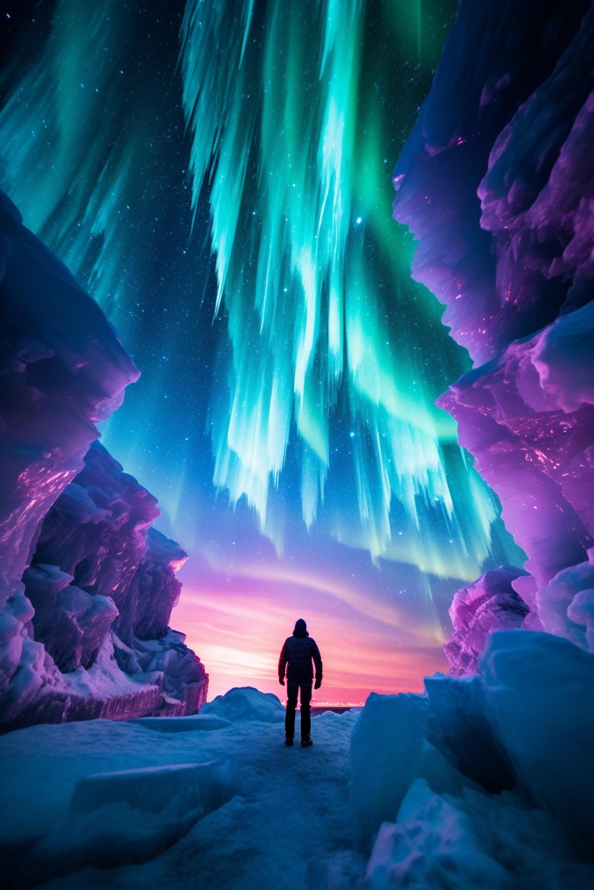 A solitary, cosmic explorer stands on the precipice of an ice-covered world beneath the Northern Lights. The explorer, clad in a high-tech, gleaming spacesuit, gazes out at the swirling, multicolored lights in the sky. The landscape is a frozen, alien realm, with icy rock formations and frozen waterfalls, creating a stunning contrast between the astronauts metallic suit and the ethereal natural beauty.